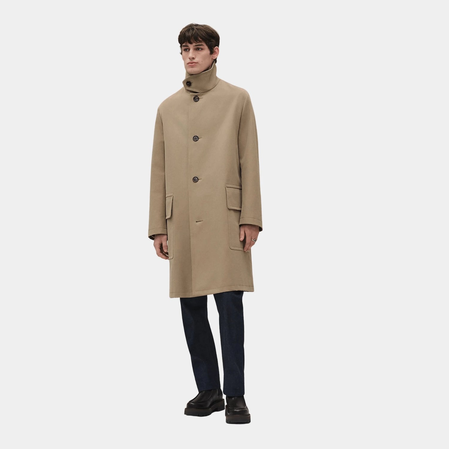 Hermes Alexis Raincoat with Leather Detail, Desert, Close, Front