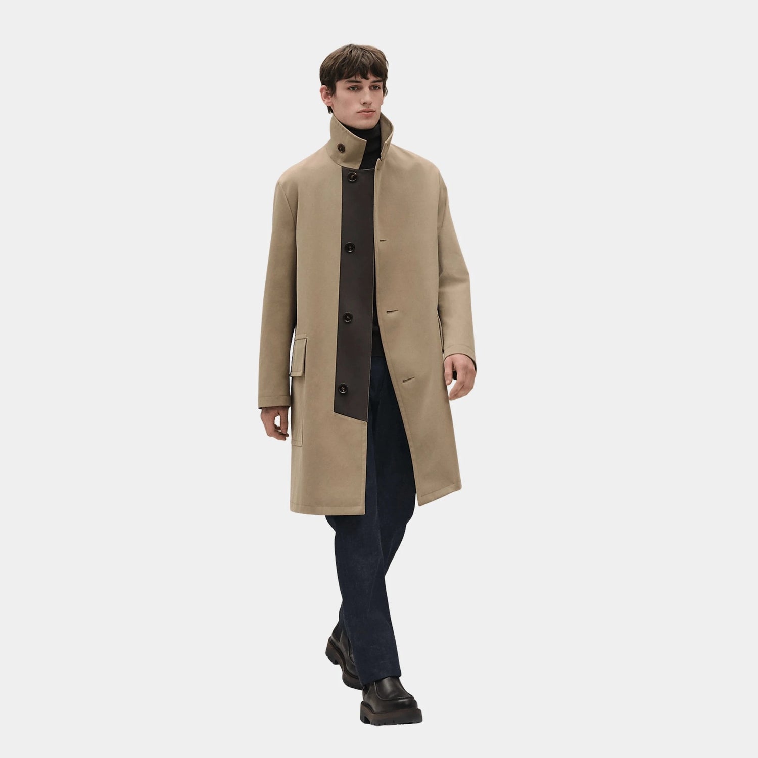 Hermes Alexis Raincoat with Leather Detail, Desert, Front