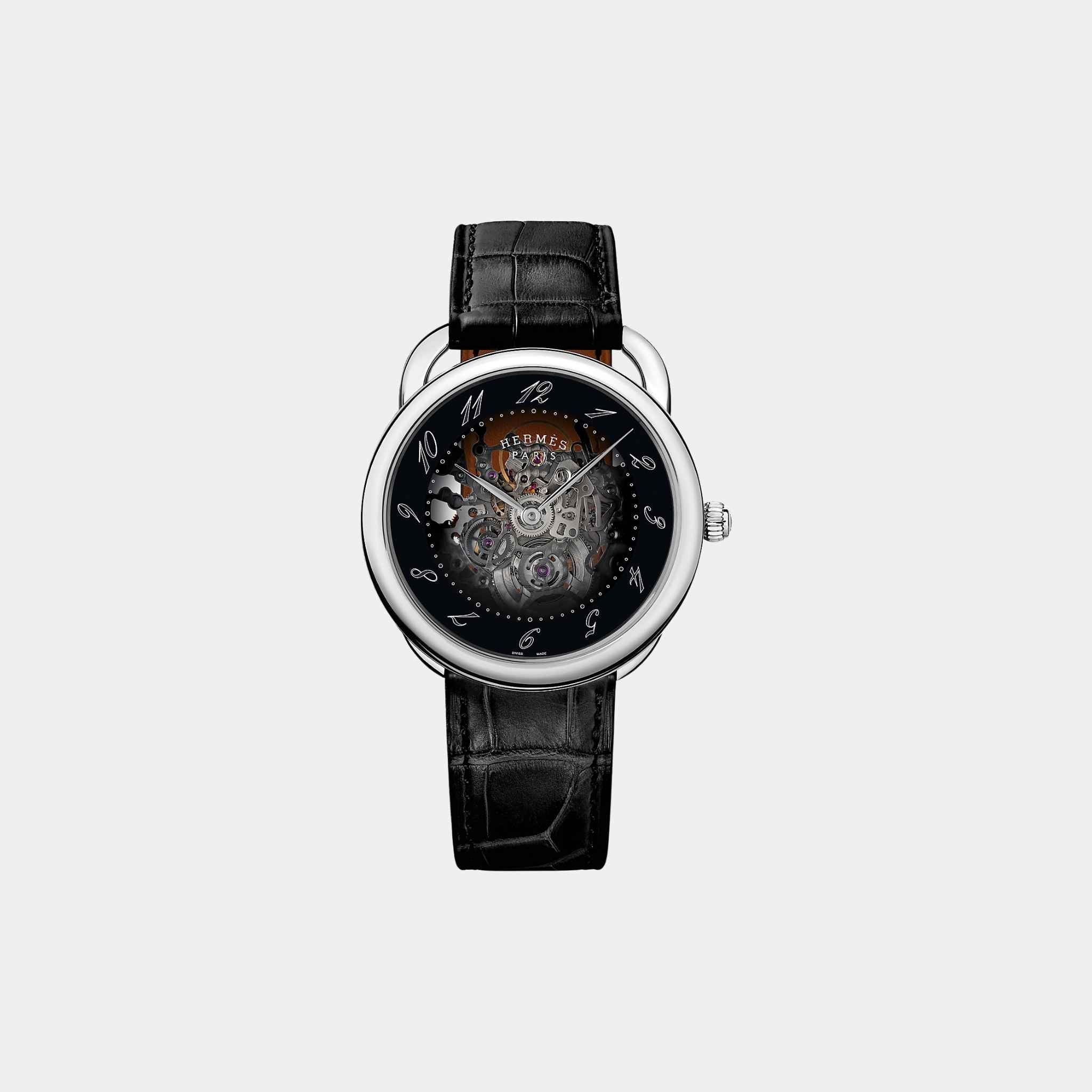 Hermes Arceau Squelette Watch With Gradient Black Mineral Glass Dial