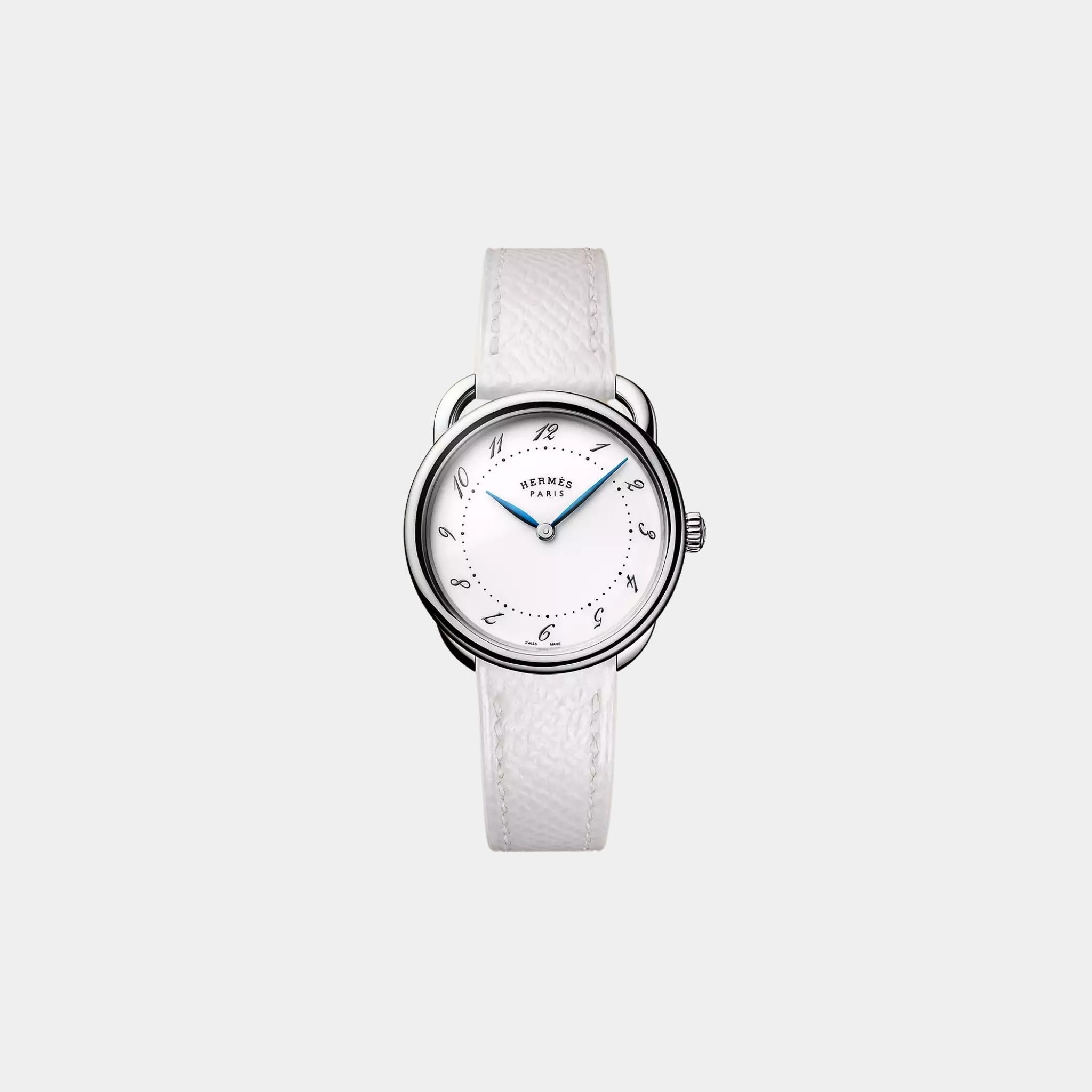 Hermes Arceau Steel 28 mm Watch With White Epsom Calfskin Strap