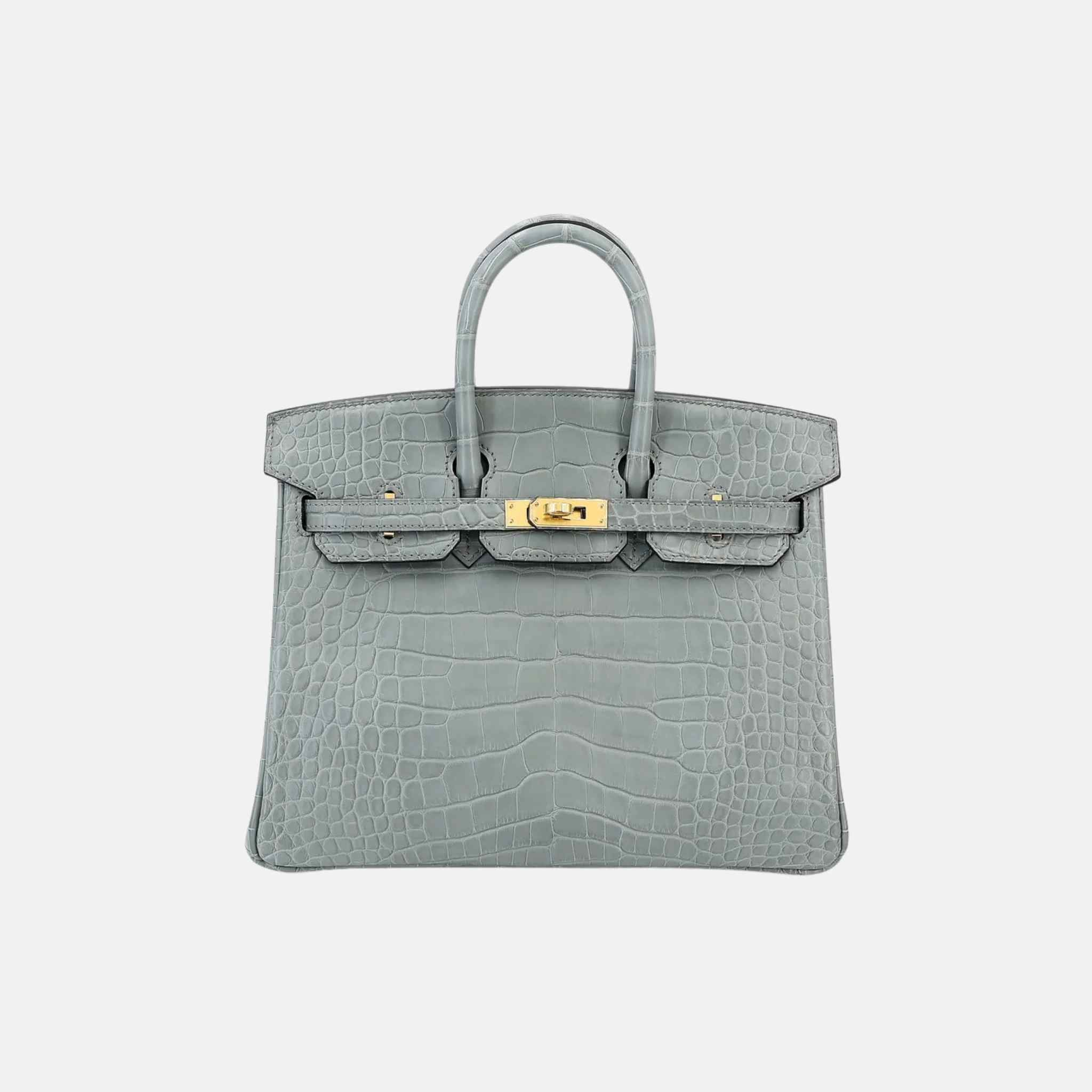 Birkin 25 Matte Alligator Gris Ciment GHW, Front