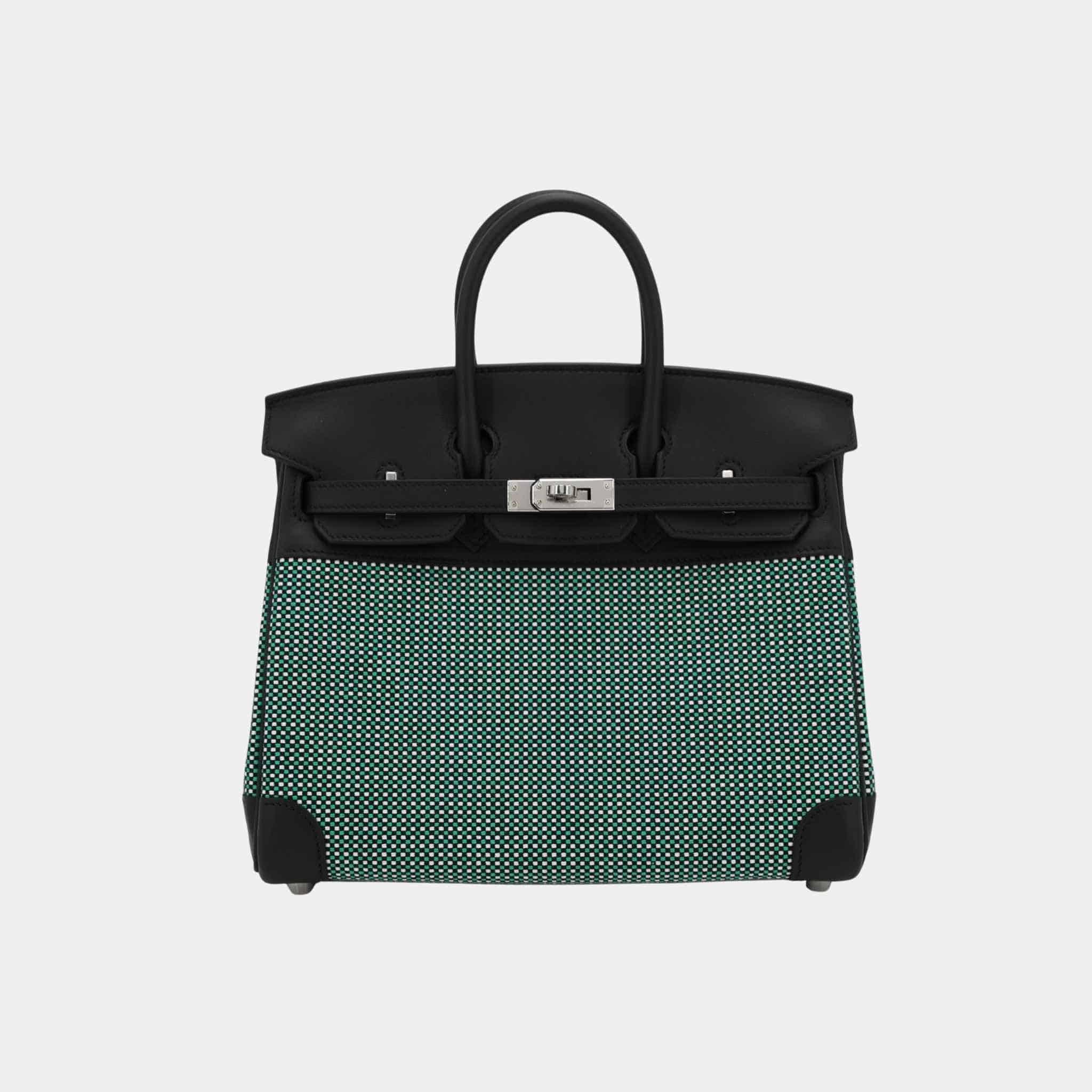 Hermes Birkin 25 Swift-Toile Quadrille Canvas Menthe/Black PHW, Front