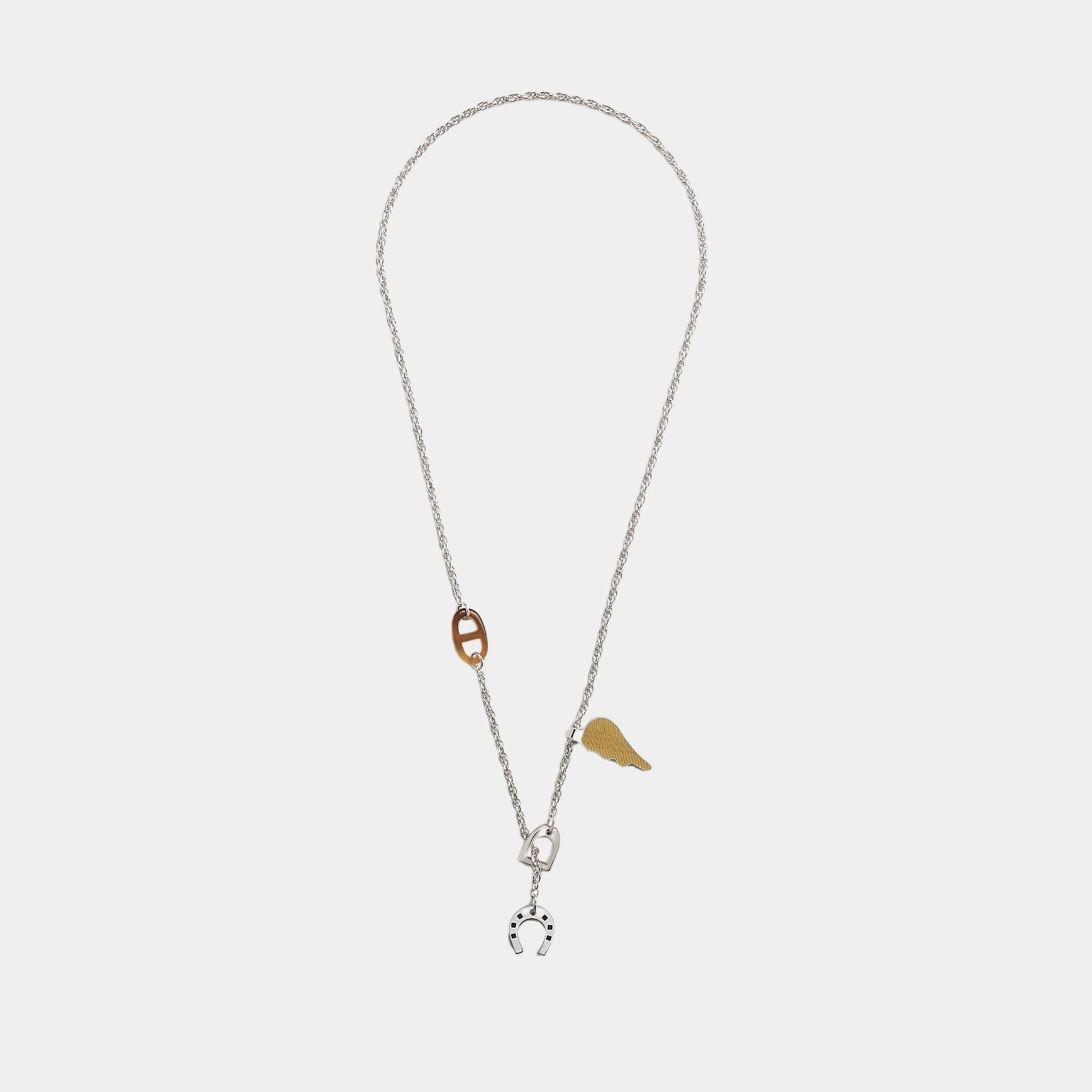 Hermes Bon Voyage Necklace, Noir, Dore, Front