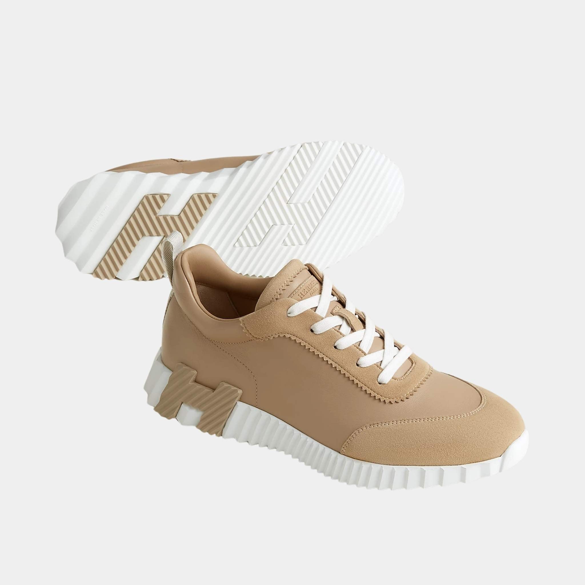 Hermes Bouncing Sneaker Suede Toe Calfskin Men, Beige Lin, Front