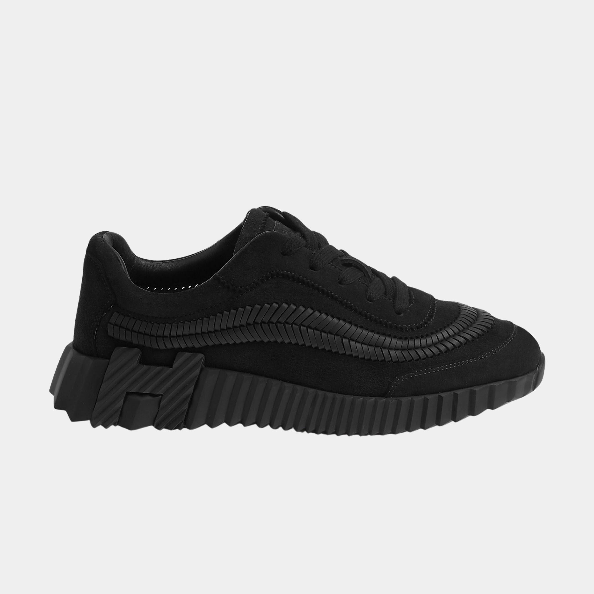 Hermes Bouncing Sneakers Suede and Herringbone Braided Calfskin, Noir, Side