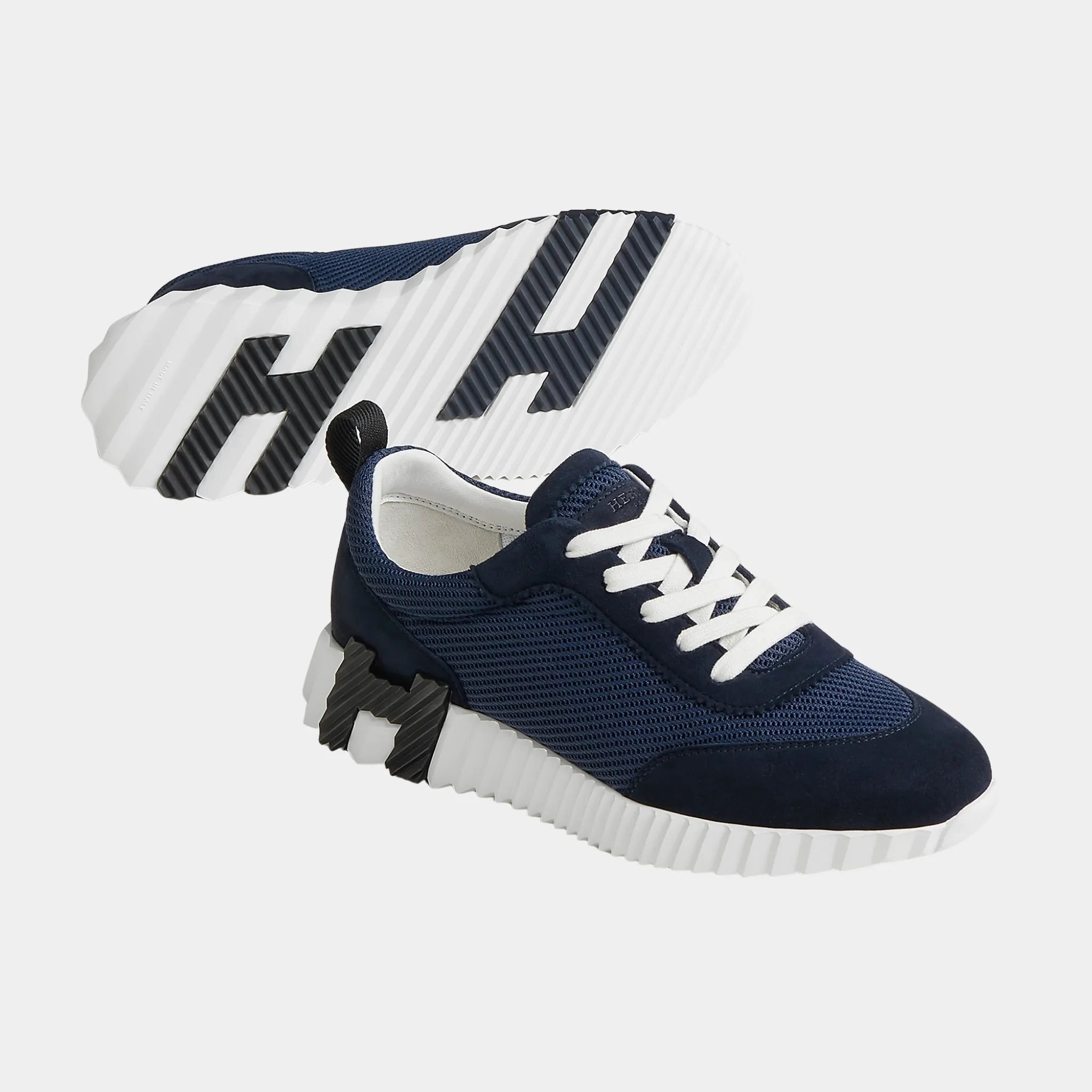 Hermes Bouncing Sneakers in Textured Mesh & Suede Goatskin, Marine, Front
