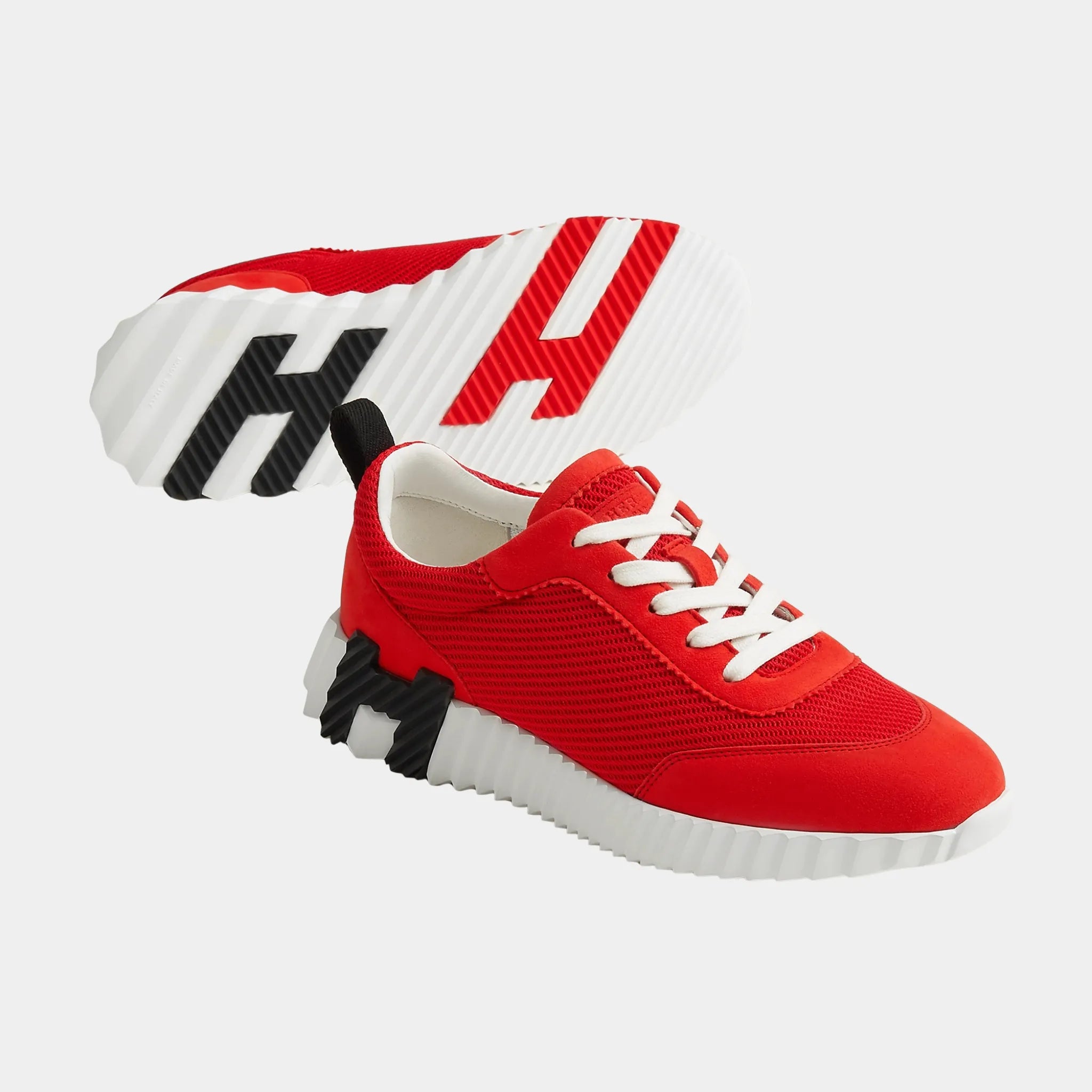 Hermes Bouncing Sneakers in Textured Mesh & Suede Goatskin, Rouge Grenadine, Front