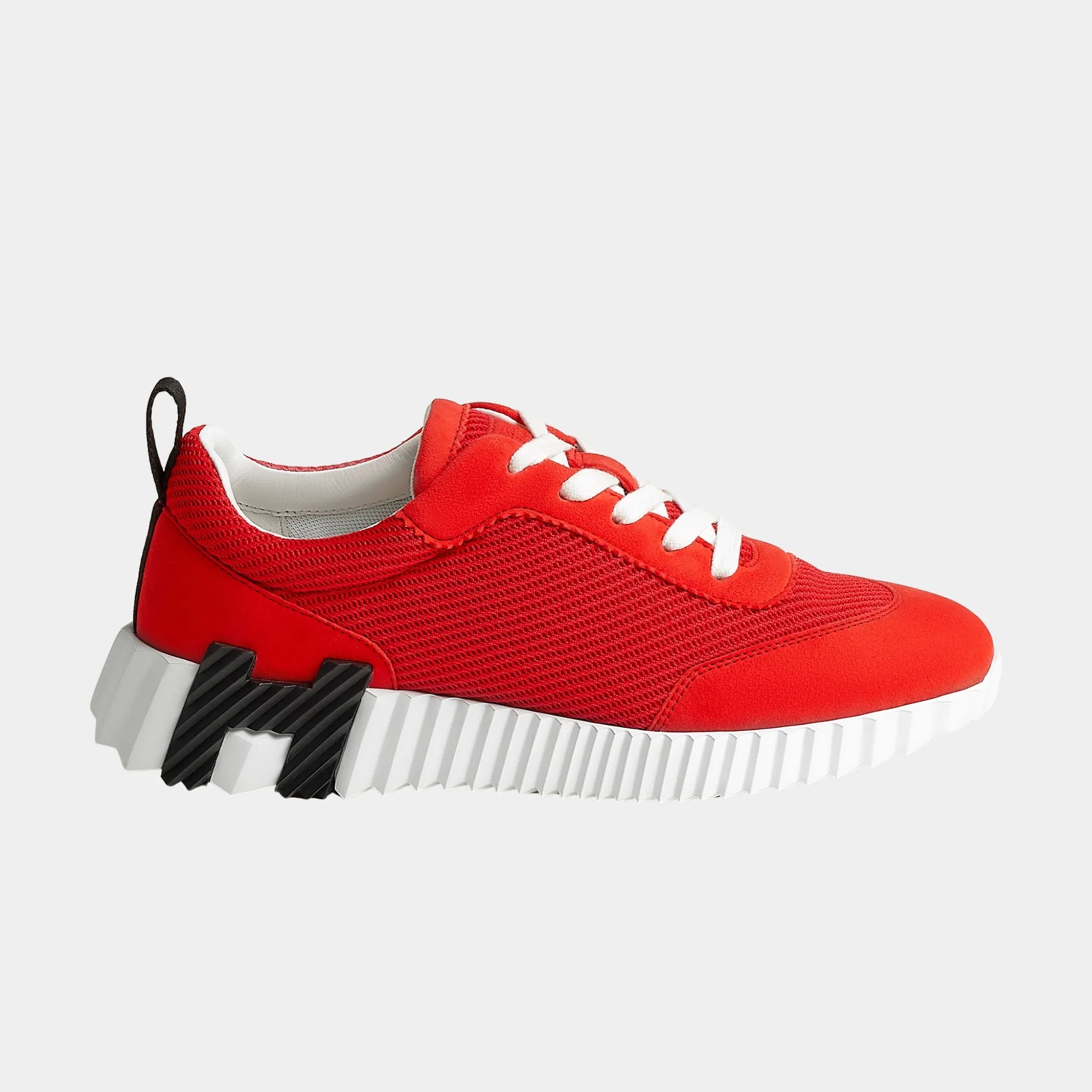 Hermes Bouncing Sneakers in Textured Mesh & Suede Goatskin, Rouge Grenadine, Side