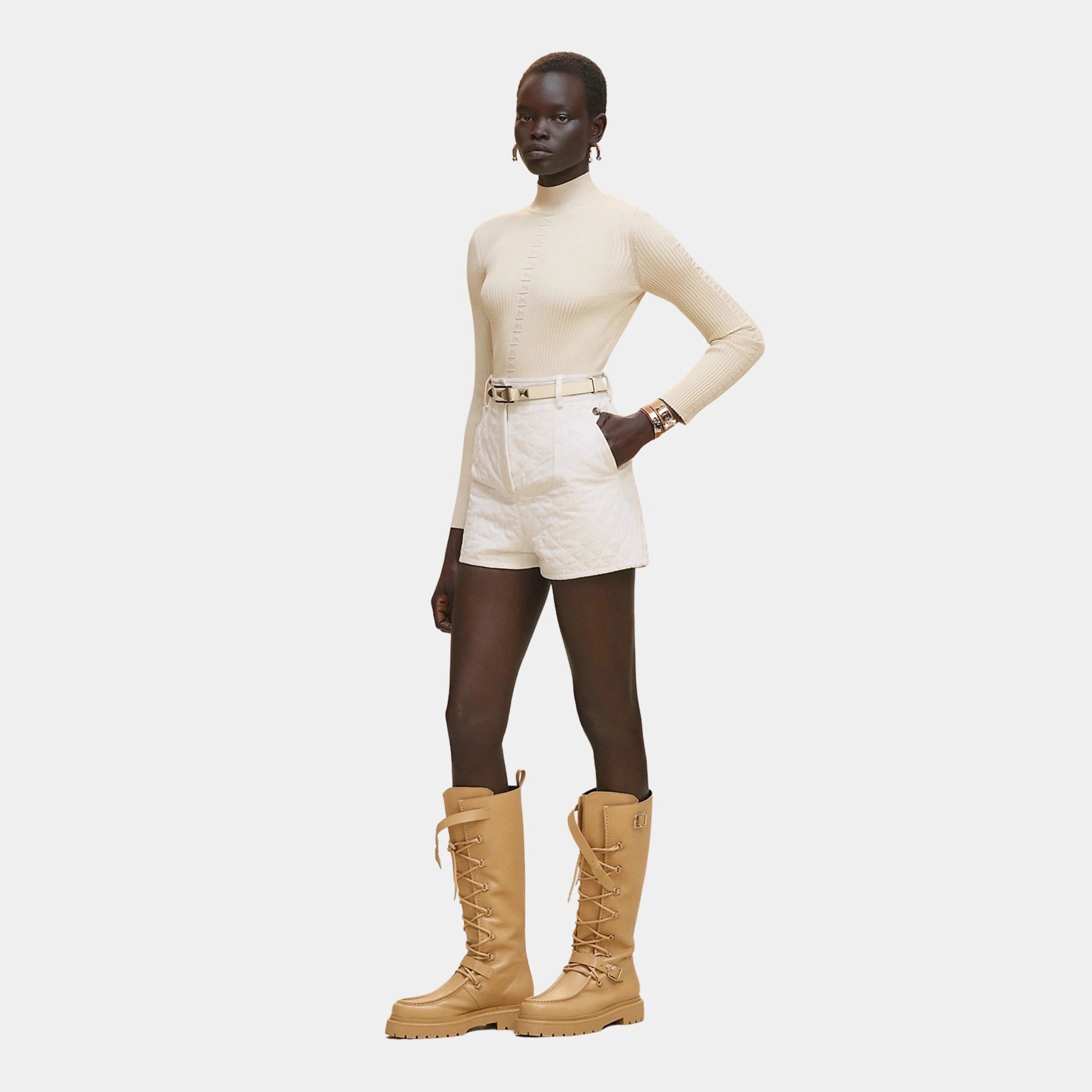Hermes Cashmere Long-sleeve Sweater in Shiny Silk Knit, Blanc Naturel, Front