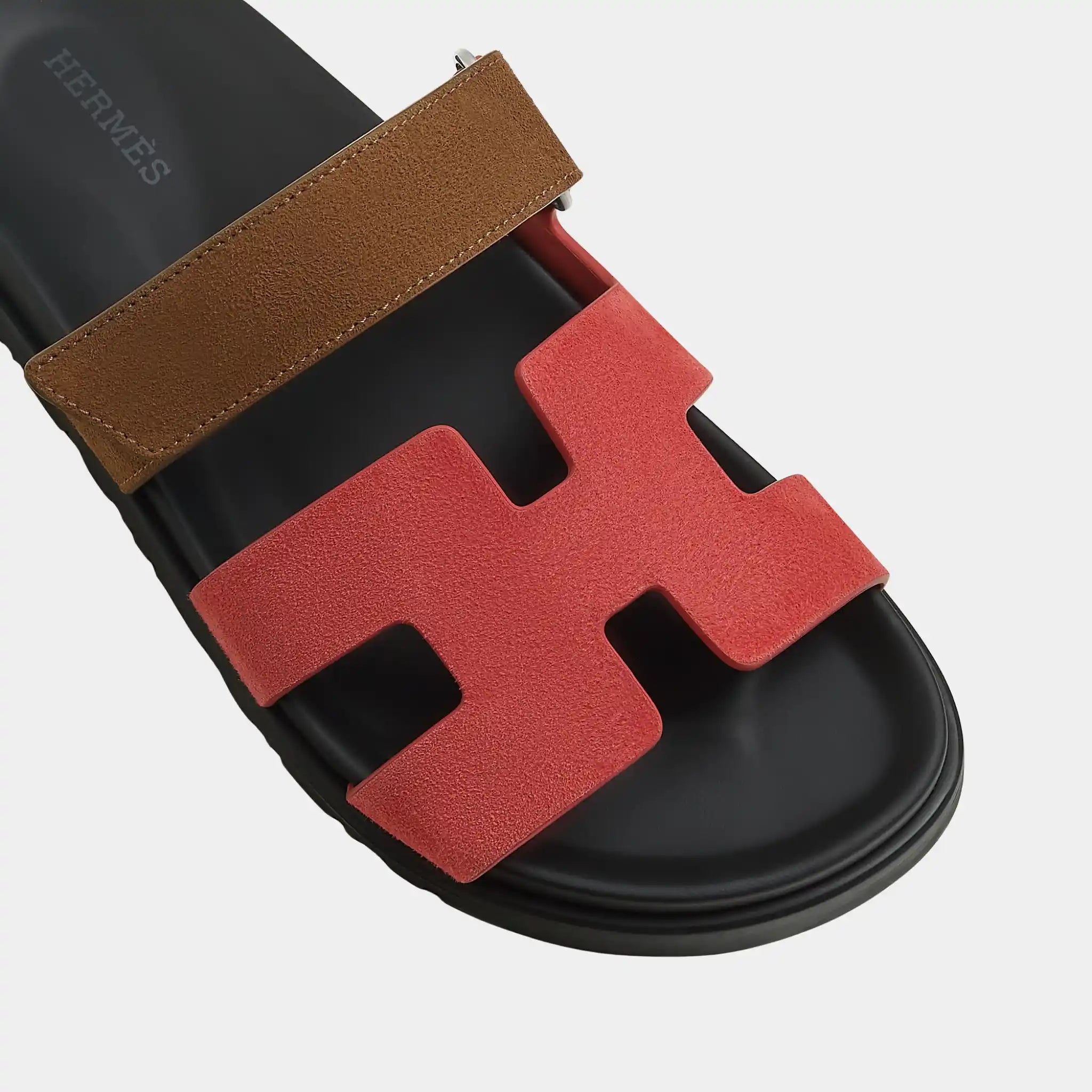 Hermes Chypre Sandal Duo Tone Suede Women, Rouge Tomette, Terre Ambree, Top