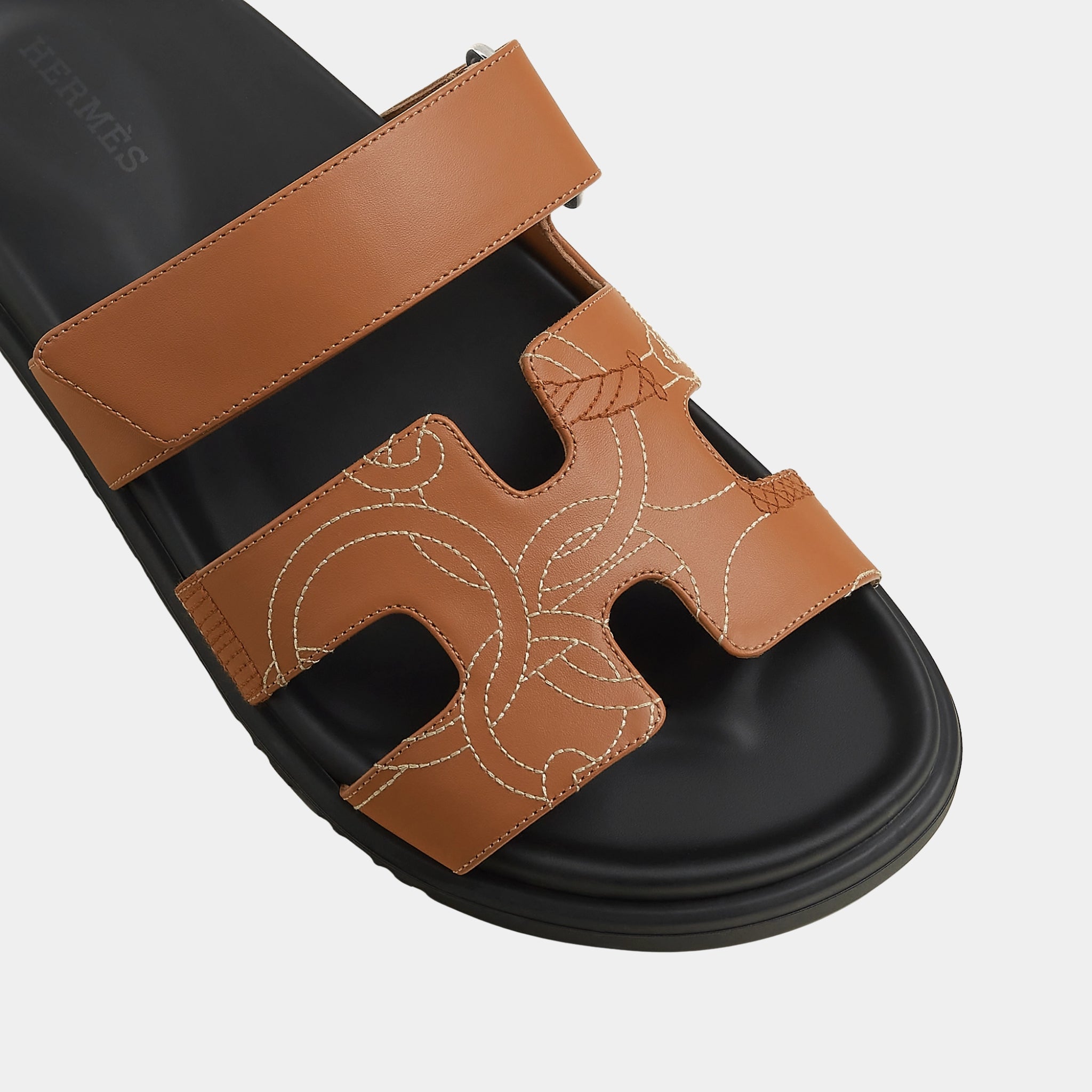 Hermes Chypre Sandal in Panoplie Equestre Embroidered Calfskin, Naturel, Top