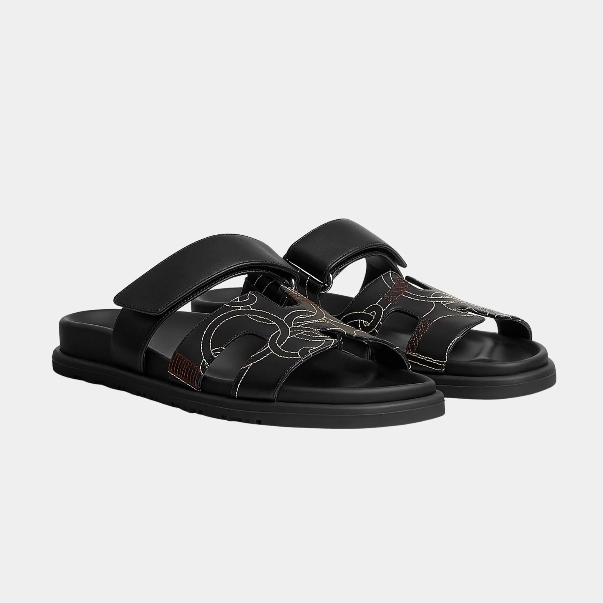 Hermes Chypre Sandal in Panoplie Equestre Embroidered Calfskin, Noir, Front