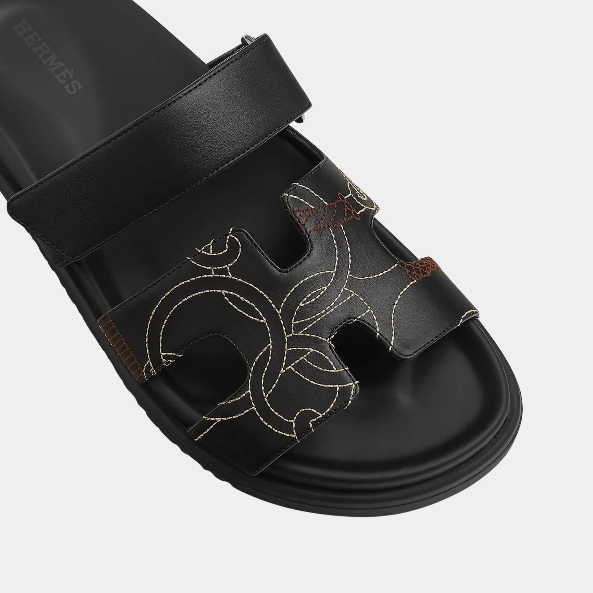 Hermes Chypre Sandal in Panoplie Equestre Embroidered Calfskin, Noir, Top