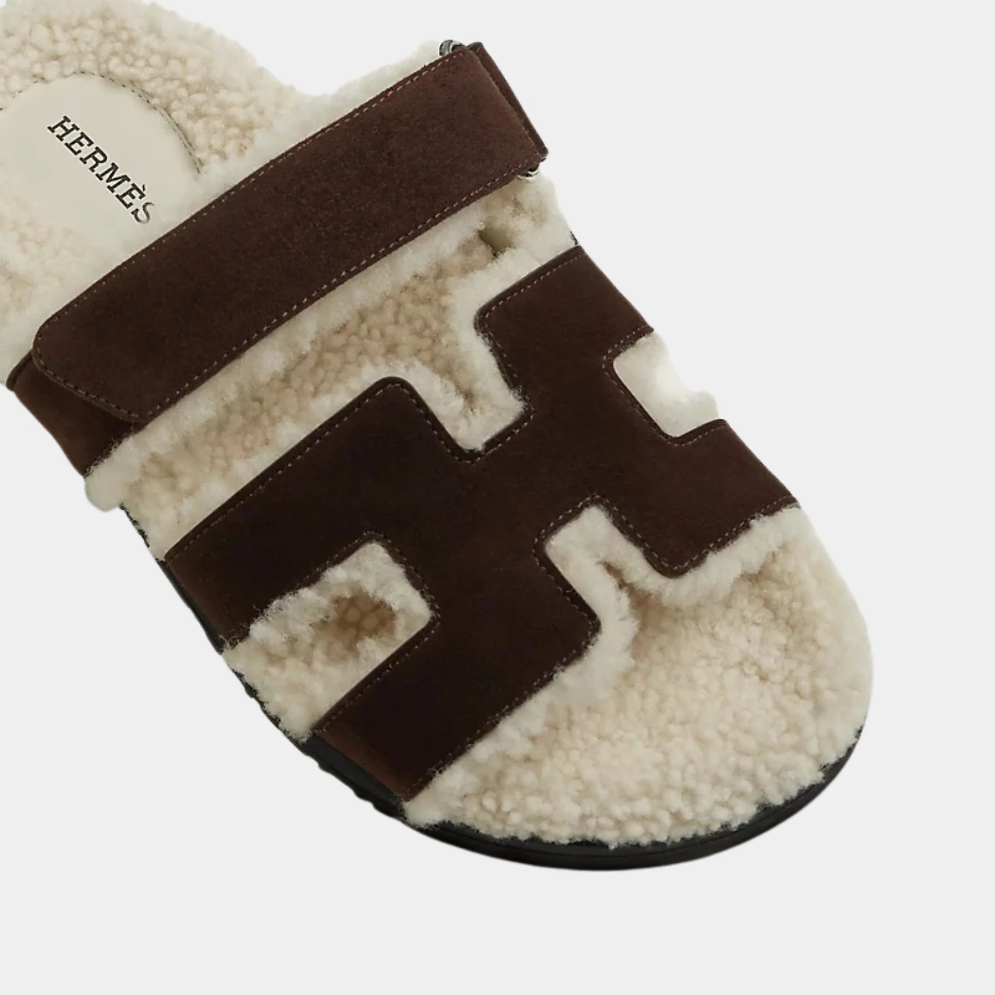 Hermes Chypre Sandal Suede With Shearling Women, Marron Ebene, Ecru, Top