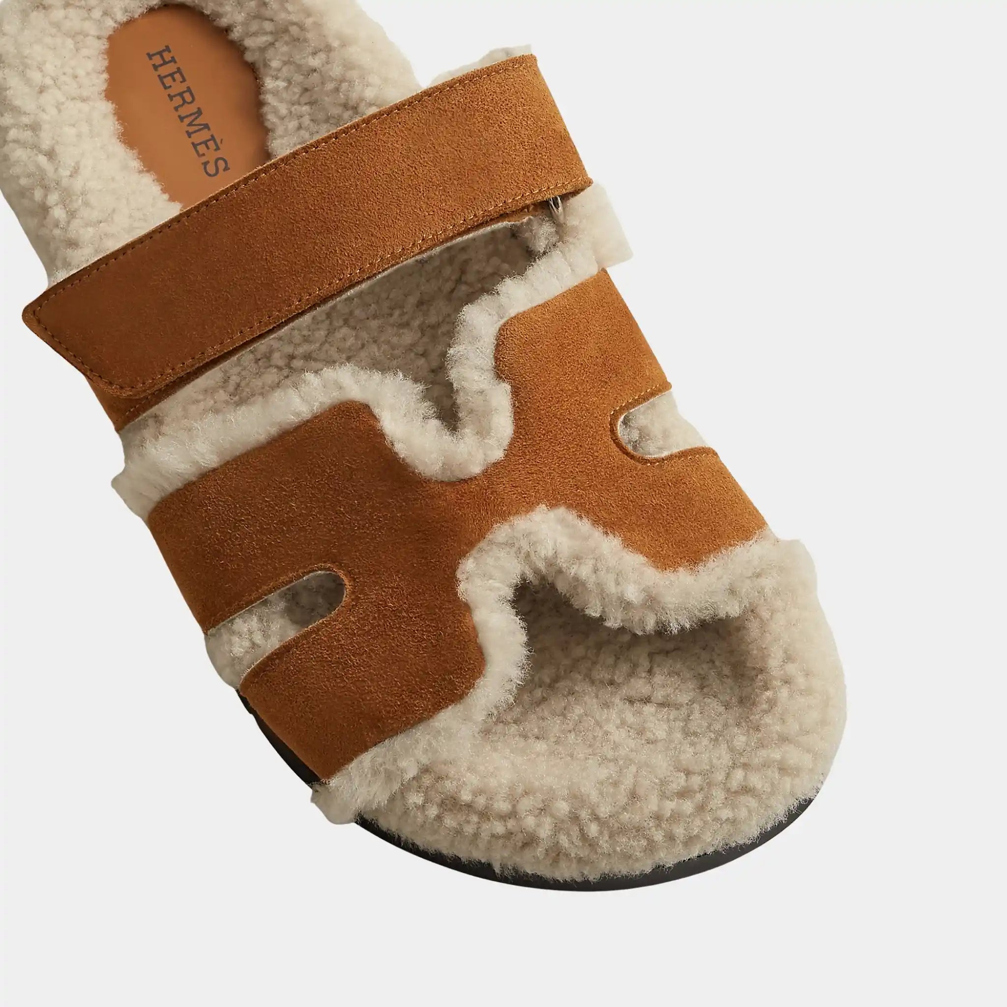 Hermes Chypre Sandal Suede With Shearling Women, Naturel, Ecru, Top