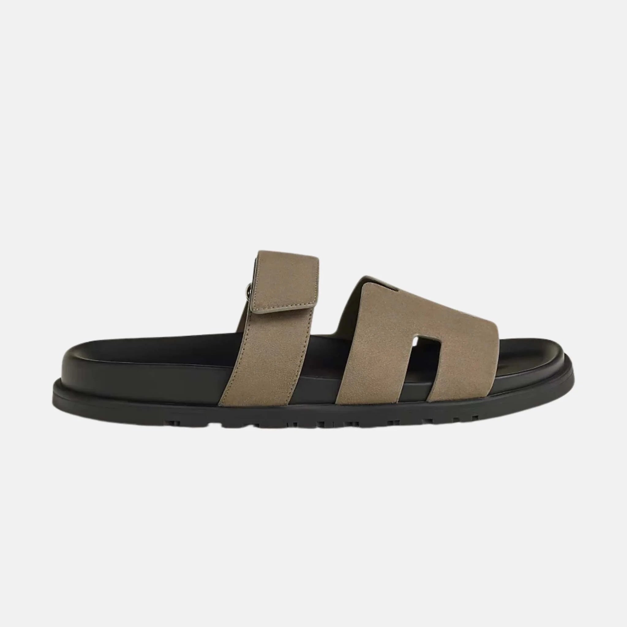 Hermes Chypre Sandals Suede Goatskin Men, Etoupe, Side