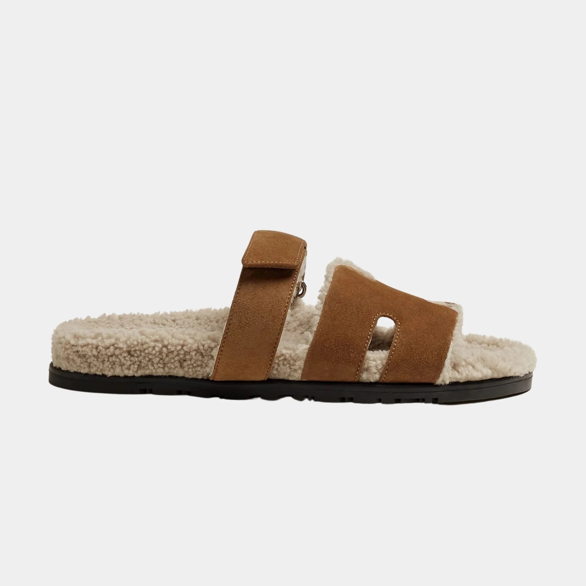 Hermes Chypre Sandals Suede Goatskin and Shearling Men, Brun Fume, Ecru, Side