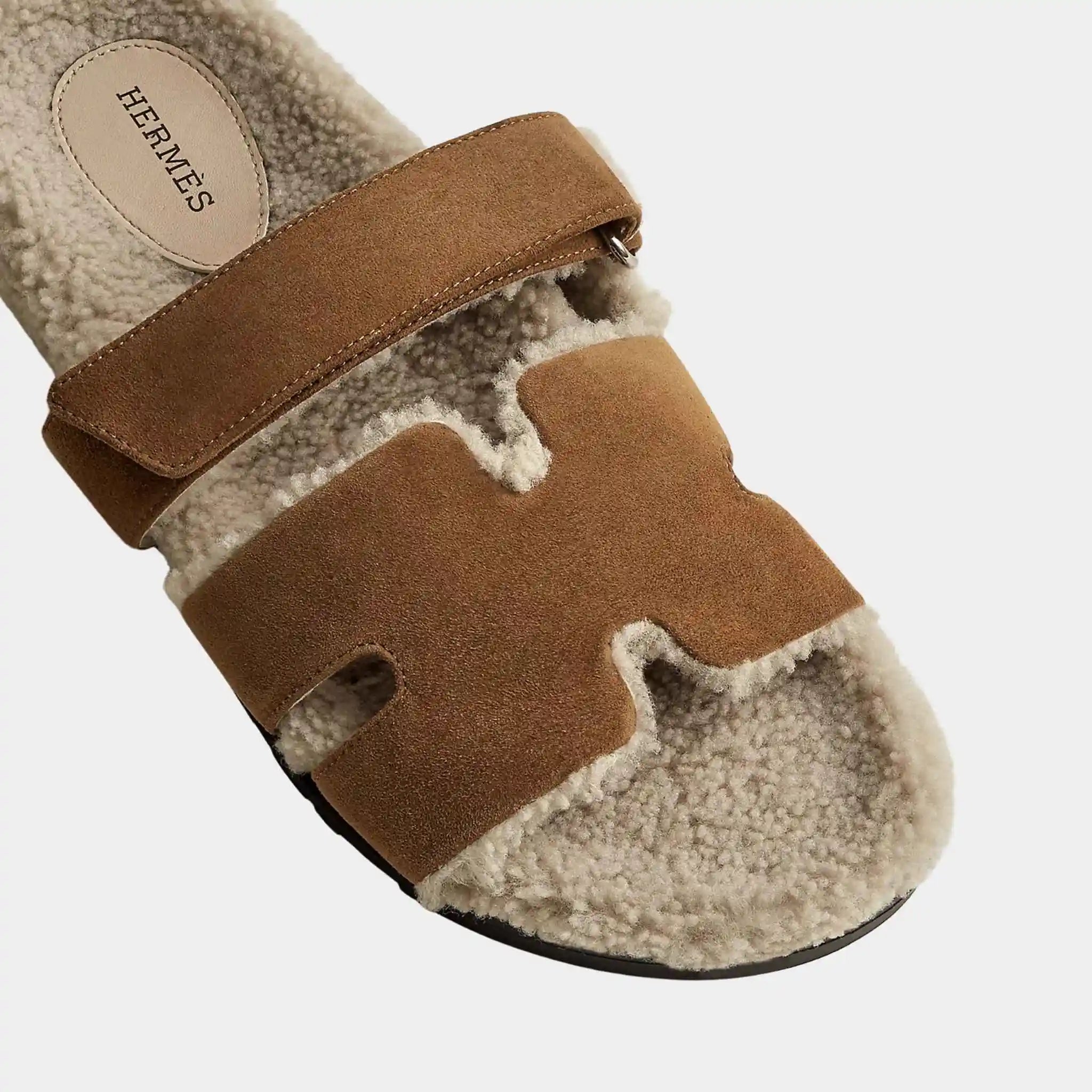 Hermes Chypre Sandals Suede Goatskin and Shearling Men, Brun Fume, Ecru, Top