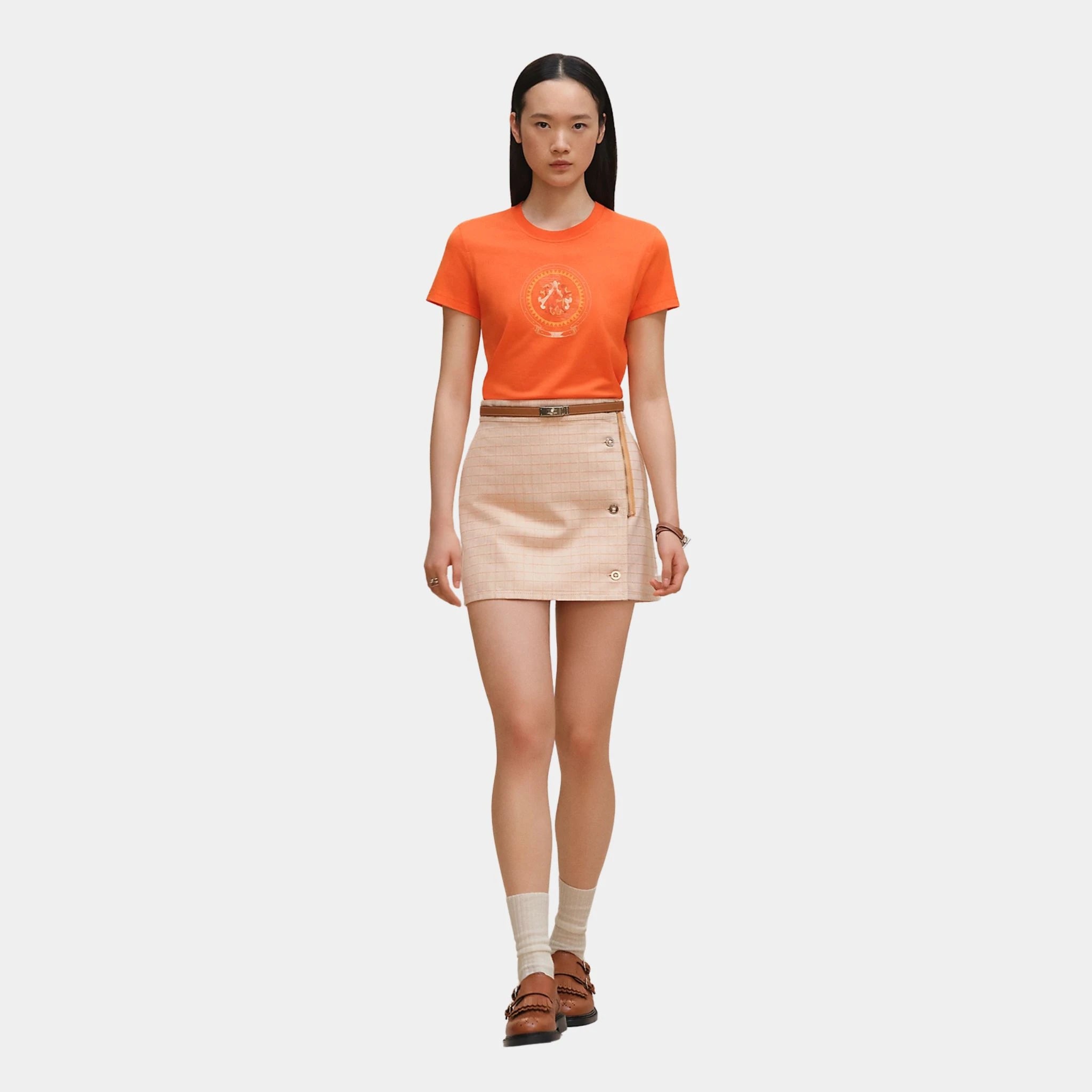 Hermes Coloriages de Jour Print Straight T-shirt, Orange Poppy, Front