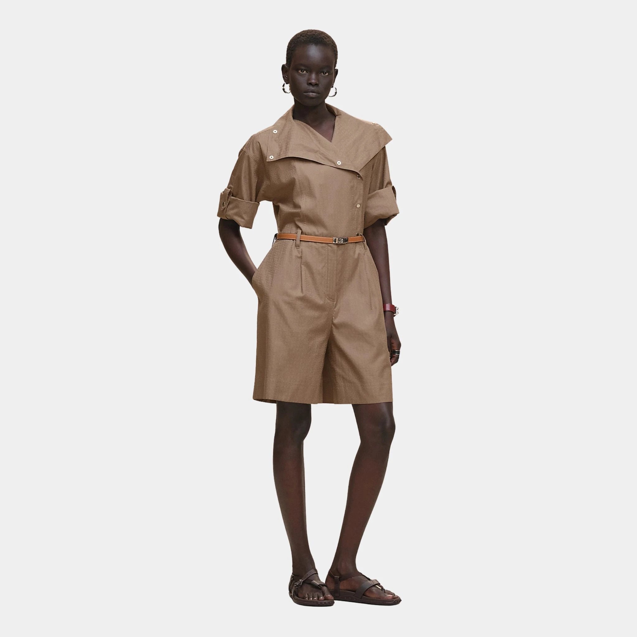 Hermes Combishort in Mosaique Printed Gauze, Gris Etoupe, Front