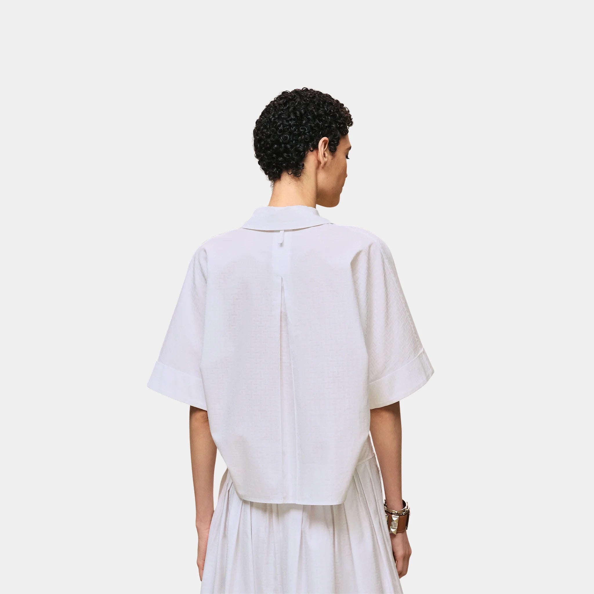 Hermes Cropped Polo Blouse in Mosaique Gauze, Blanc, Back