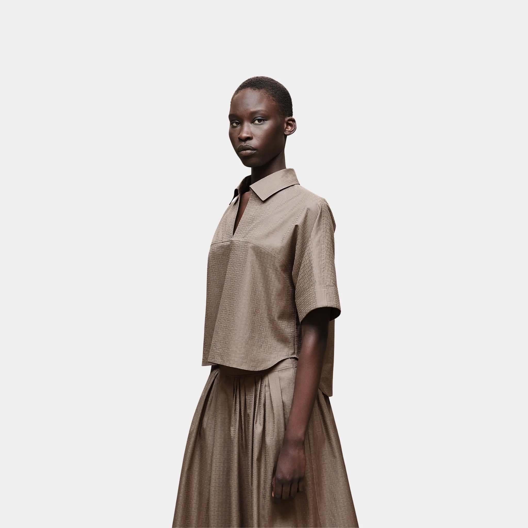 Hermes Cropped Polo Blouse in Mosaique Gauze, Gris, Etoupe, Front