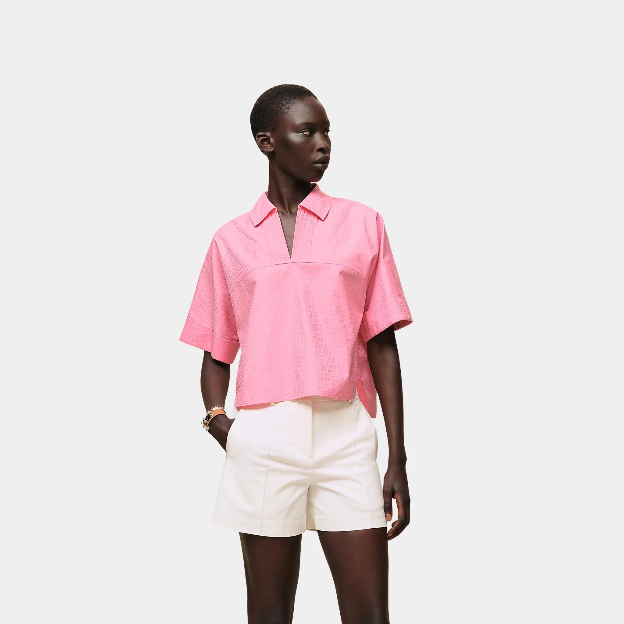Hermes Cropped Polo Blouse in Mosaique Gauze, Rose Bonbon, Front