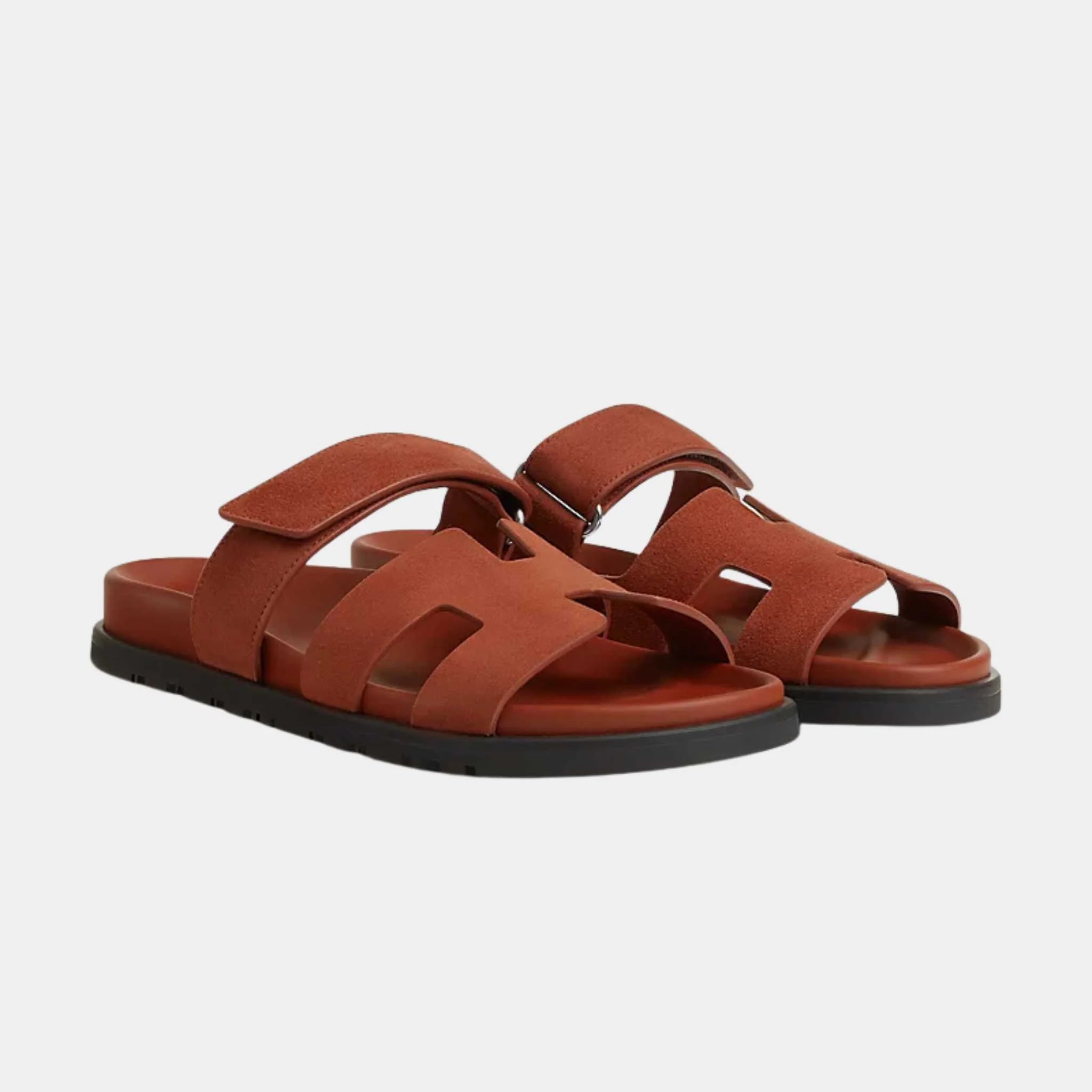 Hermes Chypre Sandals Suede Goatskin Women, Muscavado Brown, Front