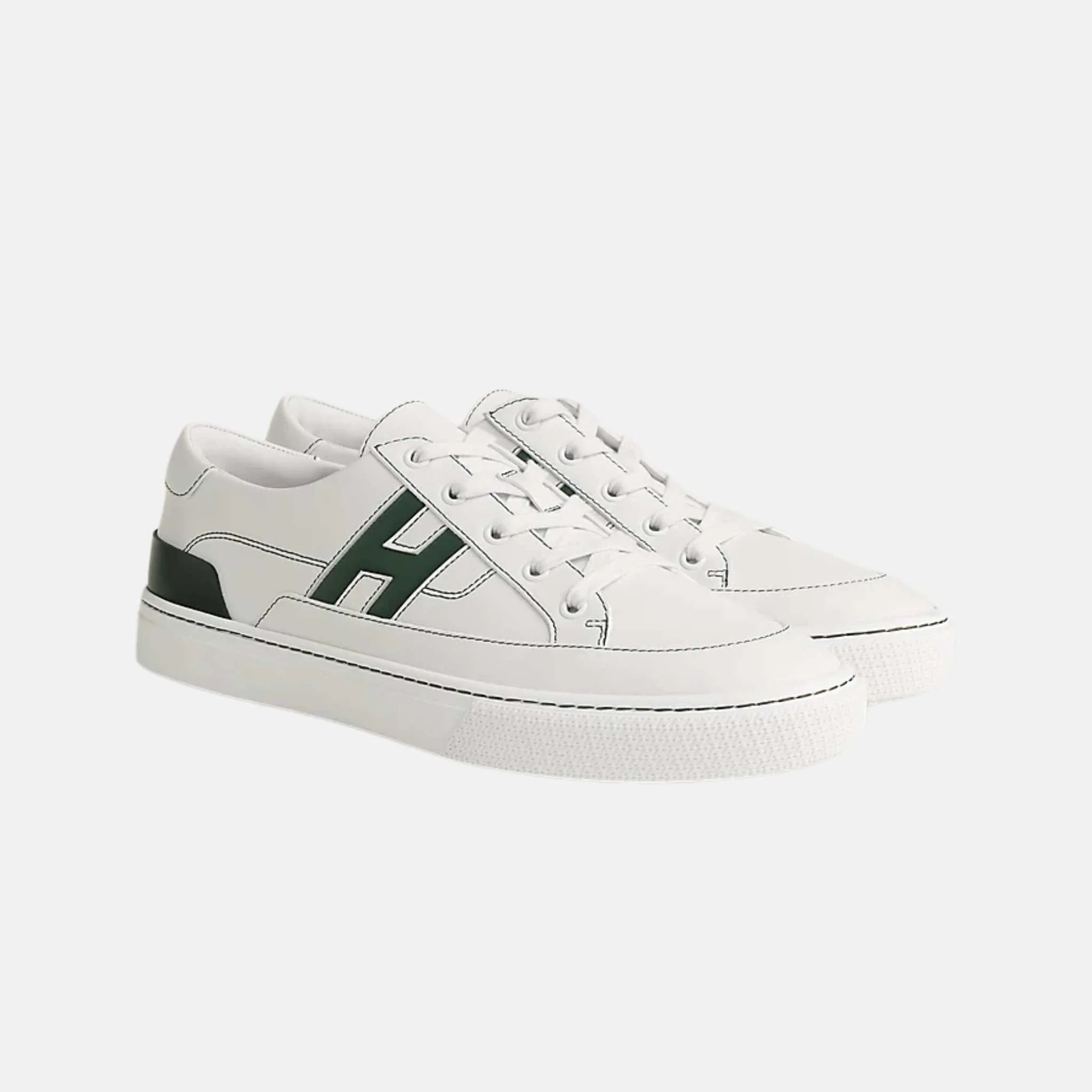 Hermes Deep Sneaker Calfskin White/Vert , Side & Front