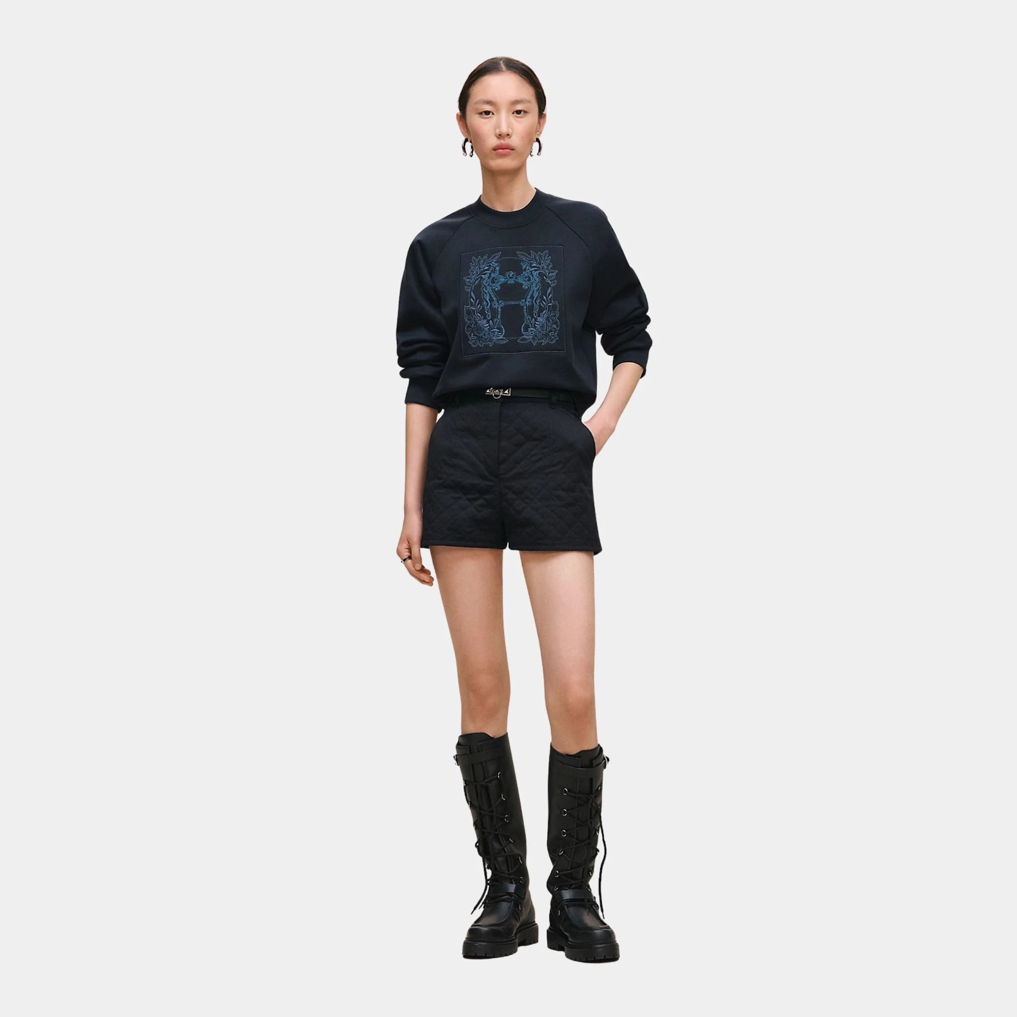 Hermes Della Cavalleria Raglan Sleeve Embroidered Sweatshirt, Bleu Marine, Front