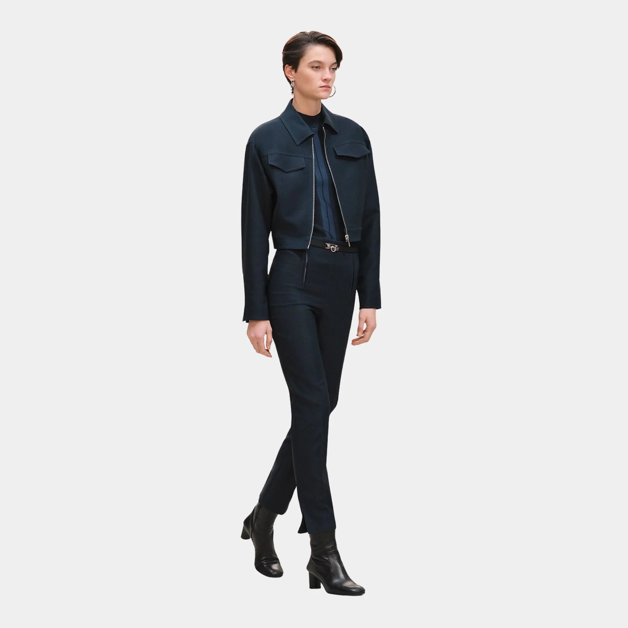 Hermes Denim Inspired Zip-Up Jacket, Bleu Celeste, Model, Front