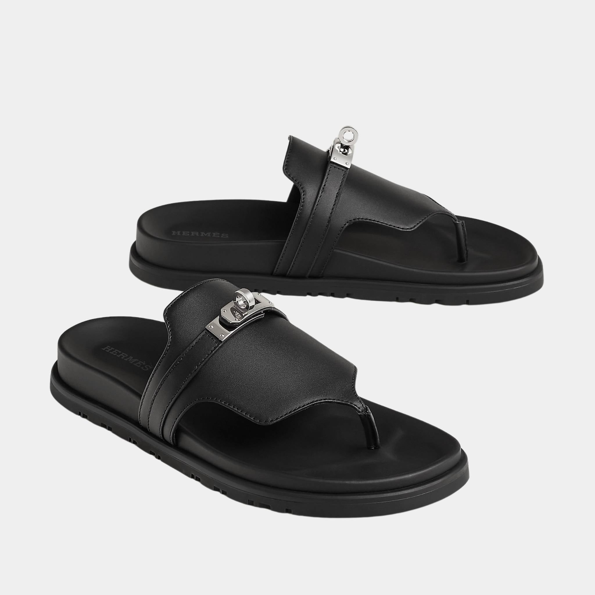 Hermes Empire Sandals in Suede Goatskin, Black, Front