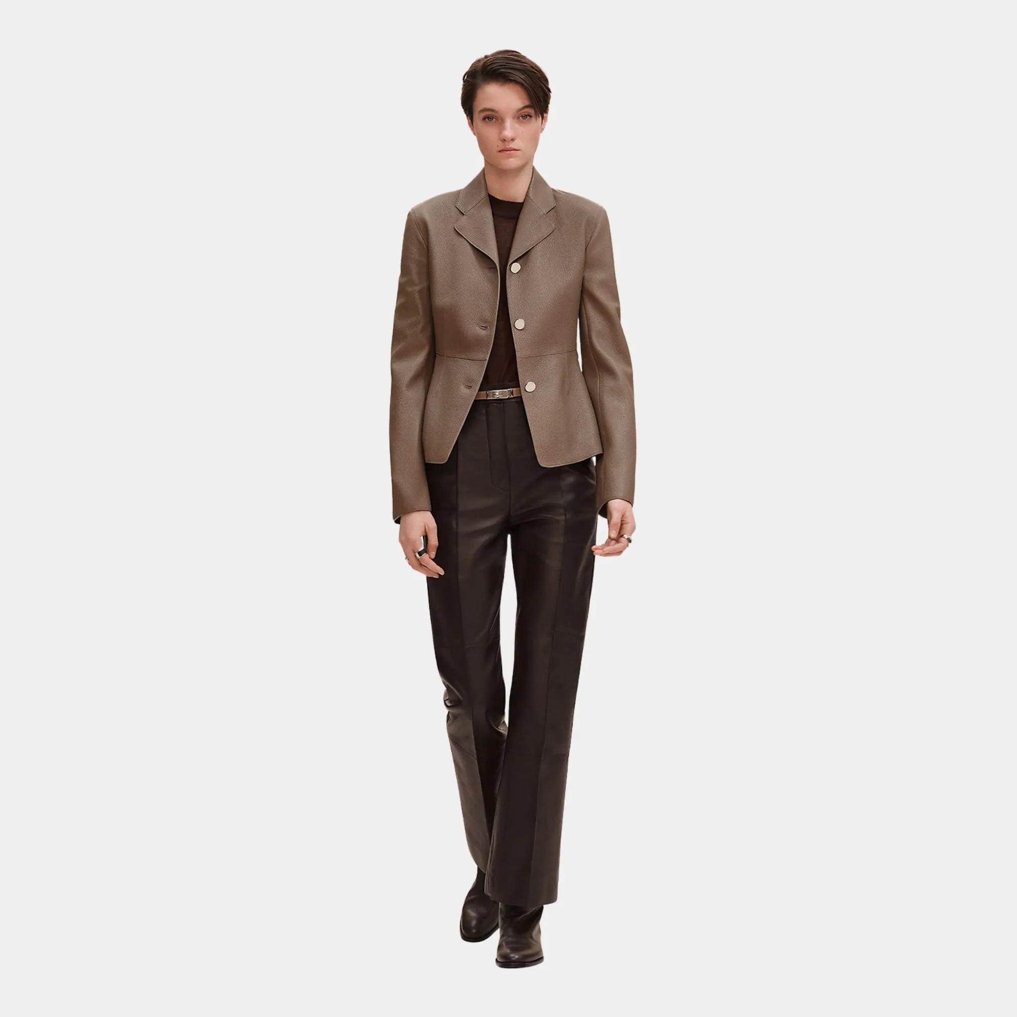 Hermes Equestrian Jacket in Washed Deer, Gris Etoupe, Front