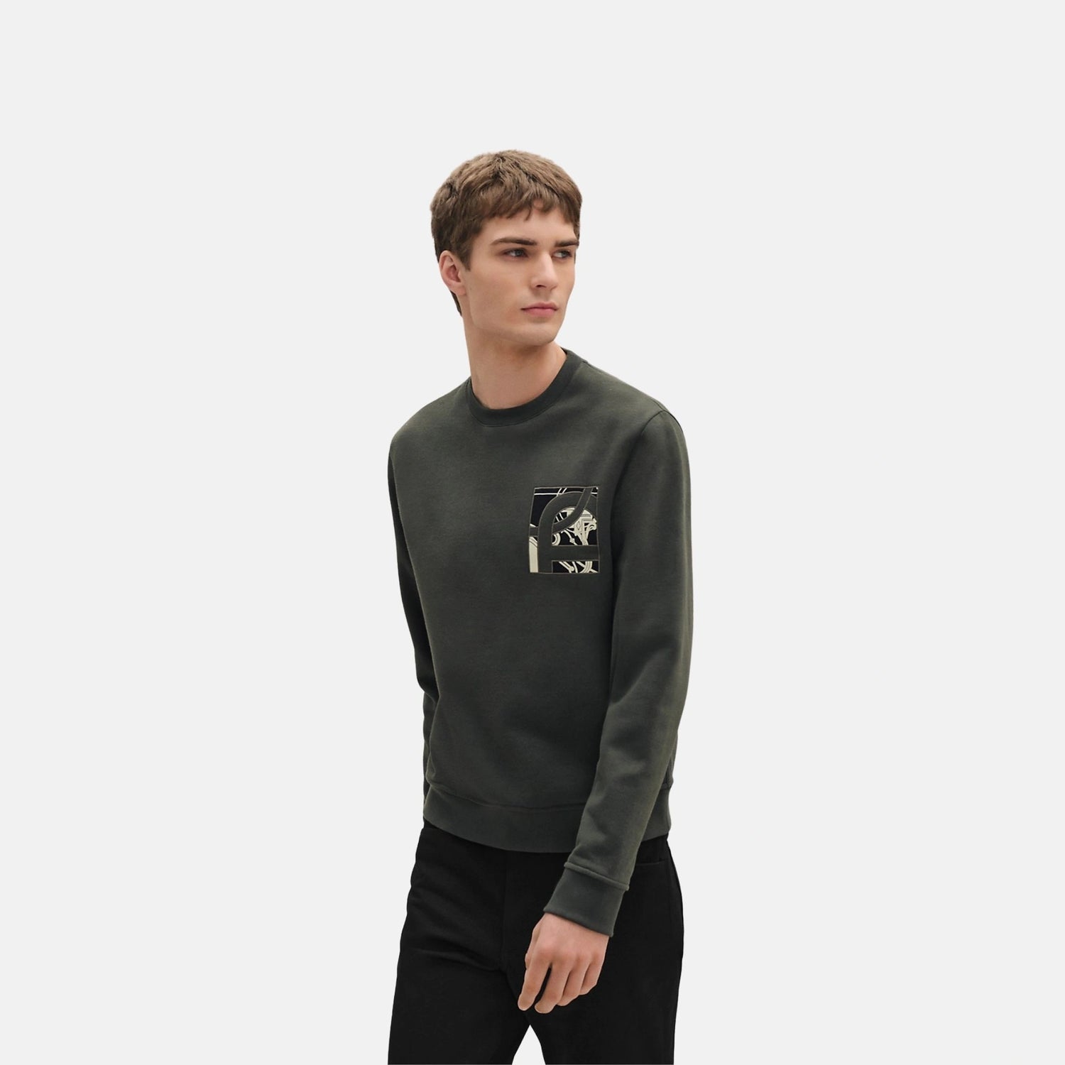 Hermes Ex-Libris Crewneck Sweater, Vert Chrome, Front