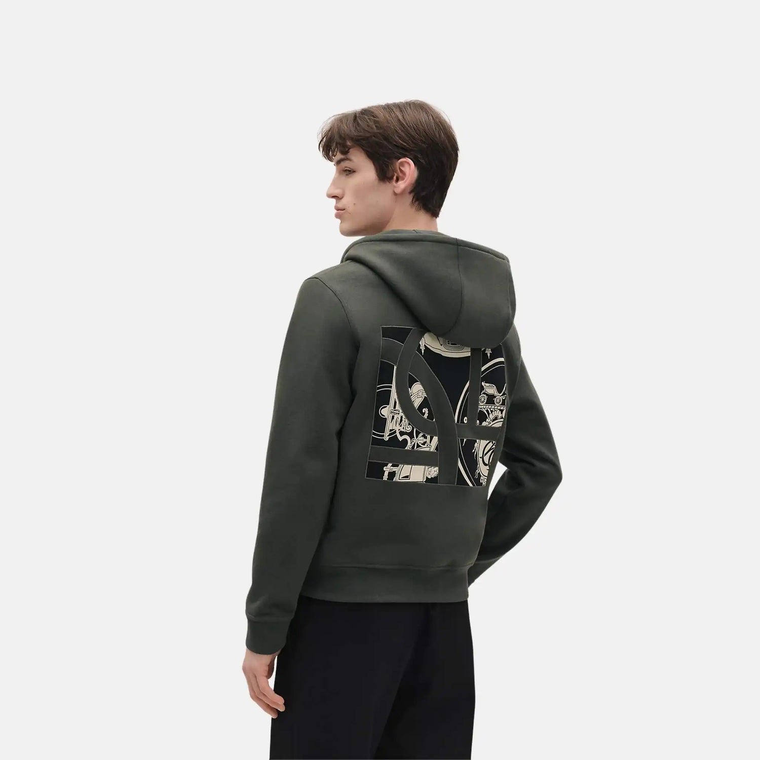 Hermes Ex-Libris Hooded Sweater with Silk Detail, Vert Chrome, Back