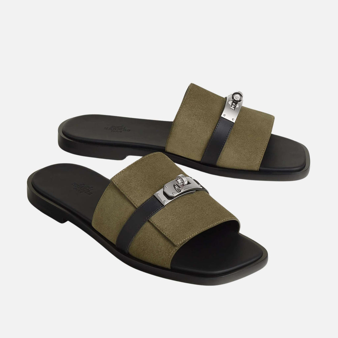 Hermes Gabriel Sandal Suede and Calfskin, Vert Toundra, Noir, Front