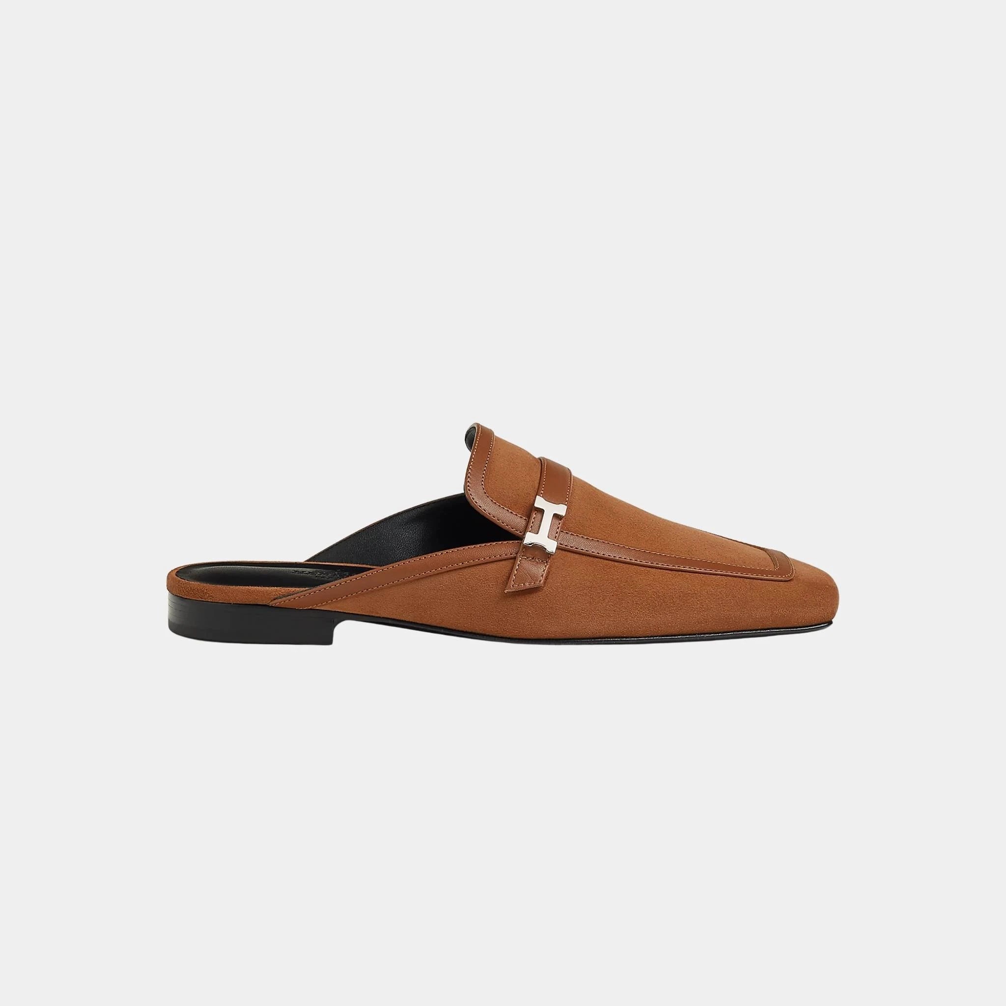 Hermes Groupie Mule Suede Goatskin And Calfskin, Naturel, Side