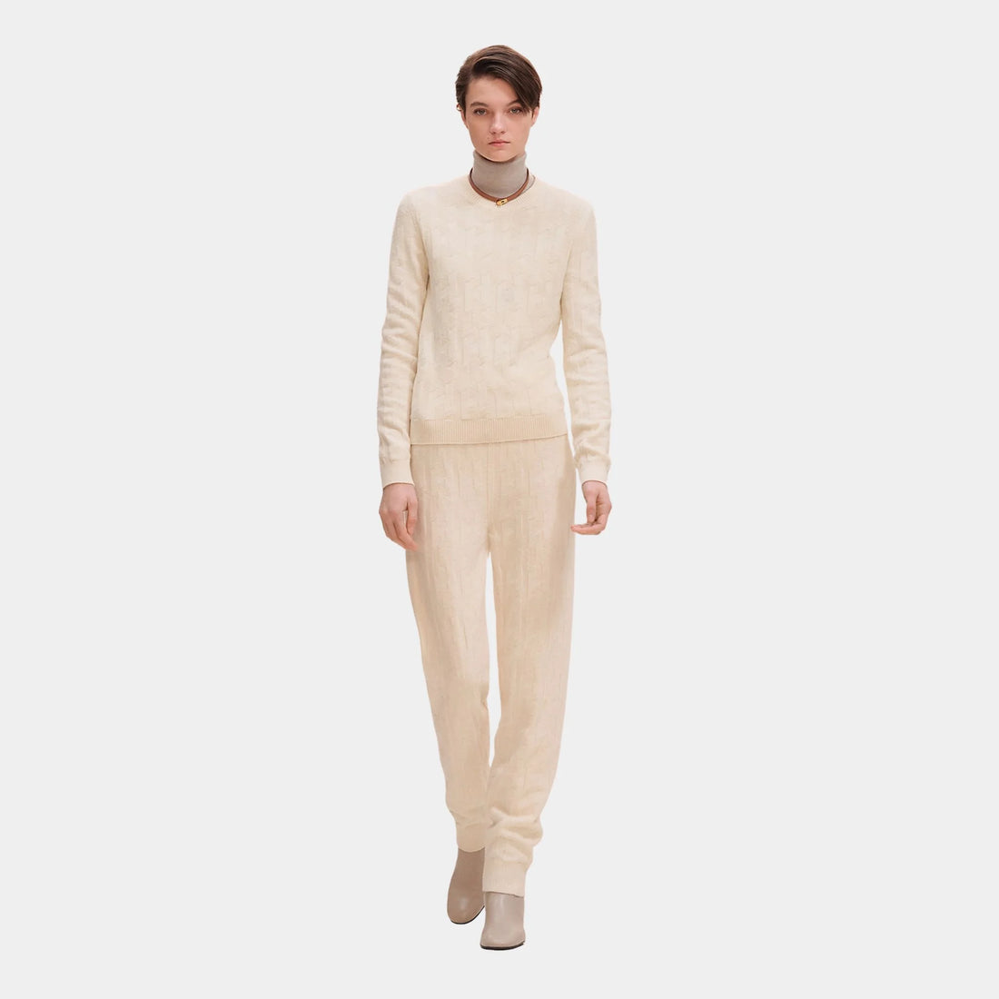 Hermes H Long-Sleeve Sweater in Plain Wool Knit, Blanc Naturel, Front