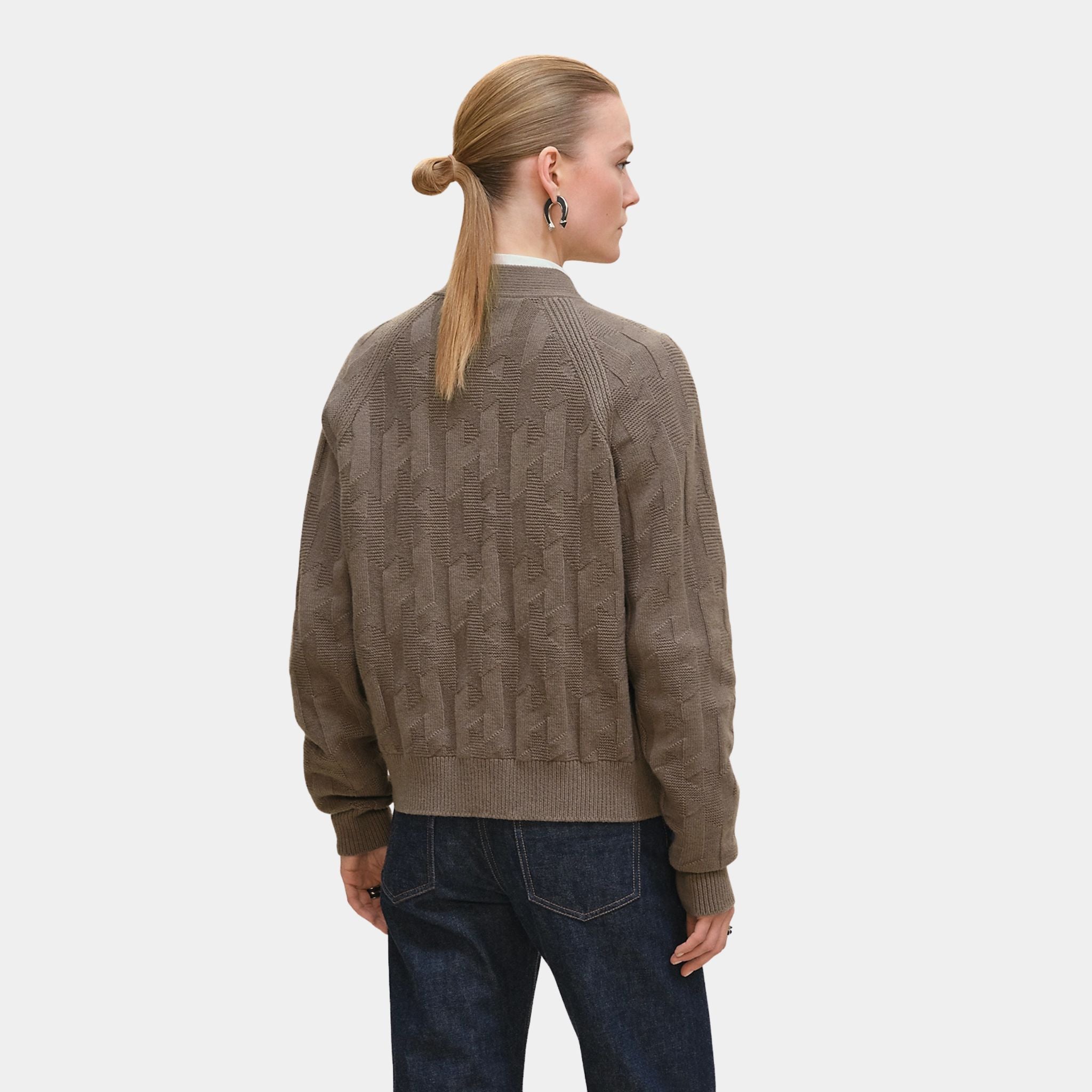 Hermes H Long-sleeve Cardigan in Plain Wool Knit, Gris Etoupe, Back
