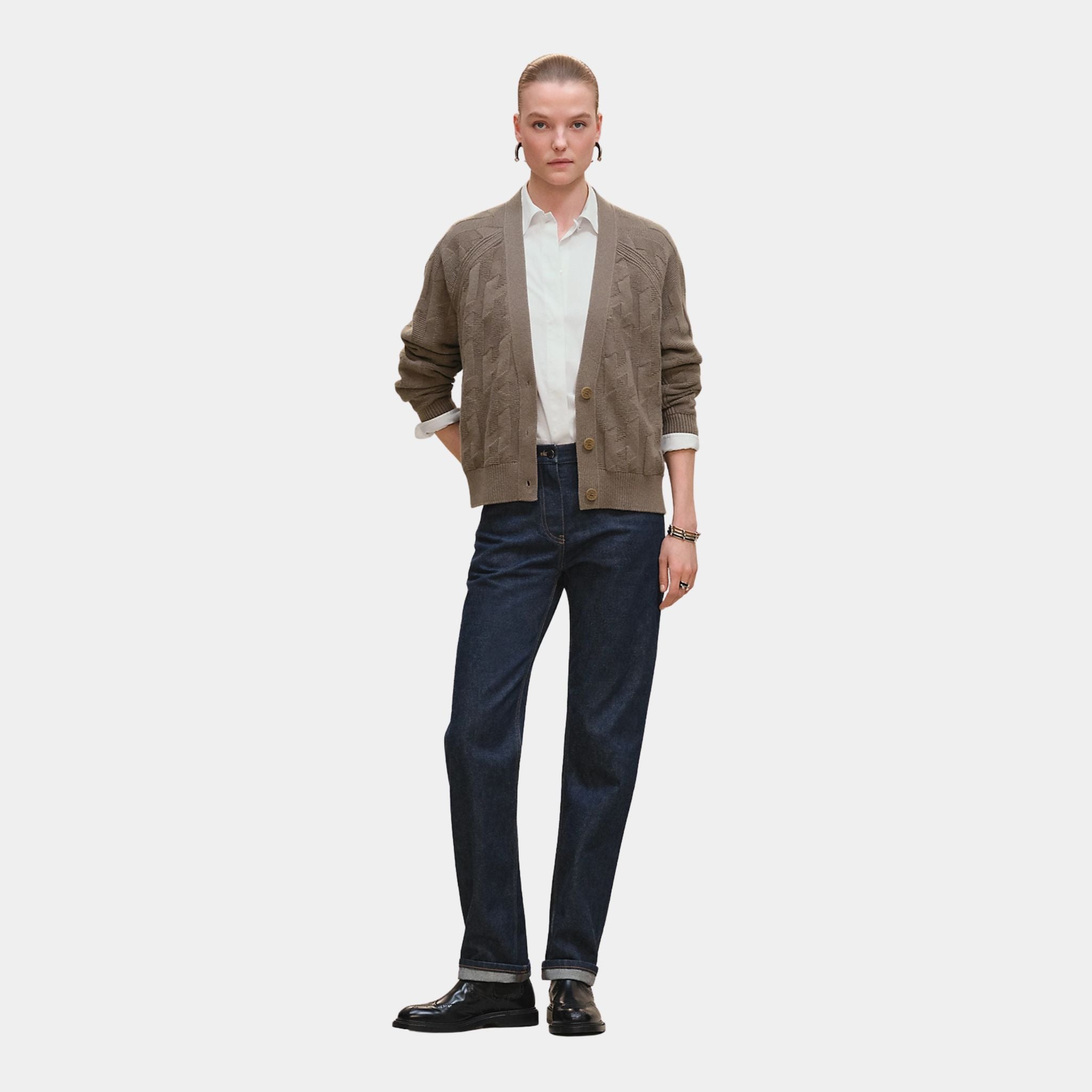 Hermes H Long-sleeve Cardigan in Plain Wool Knit, Gris Etoupe, Front