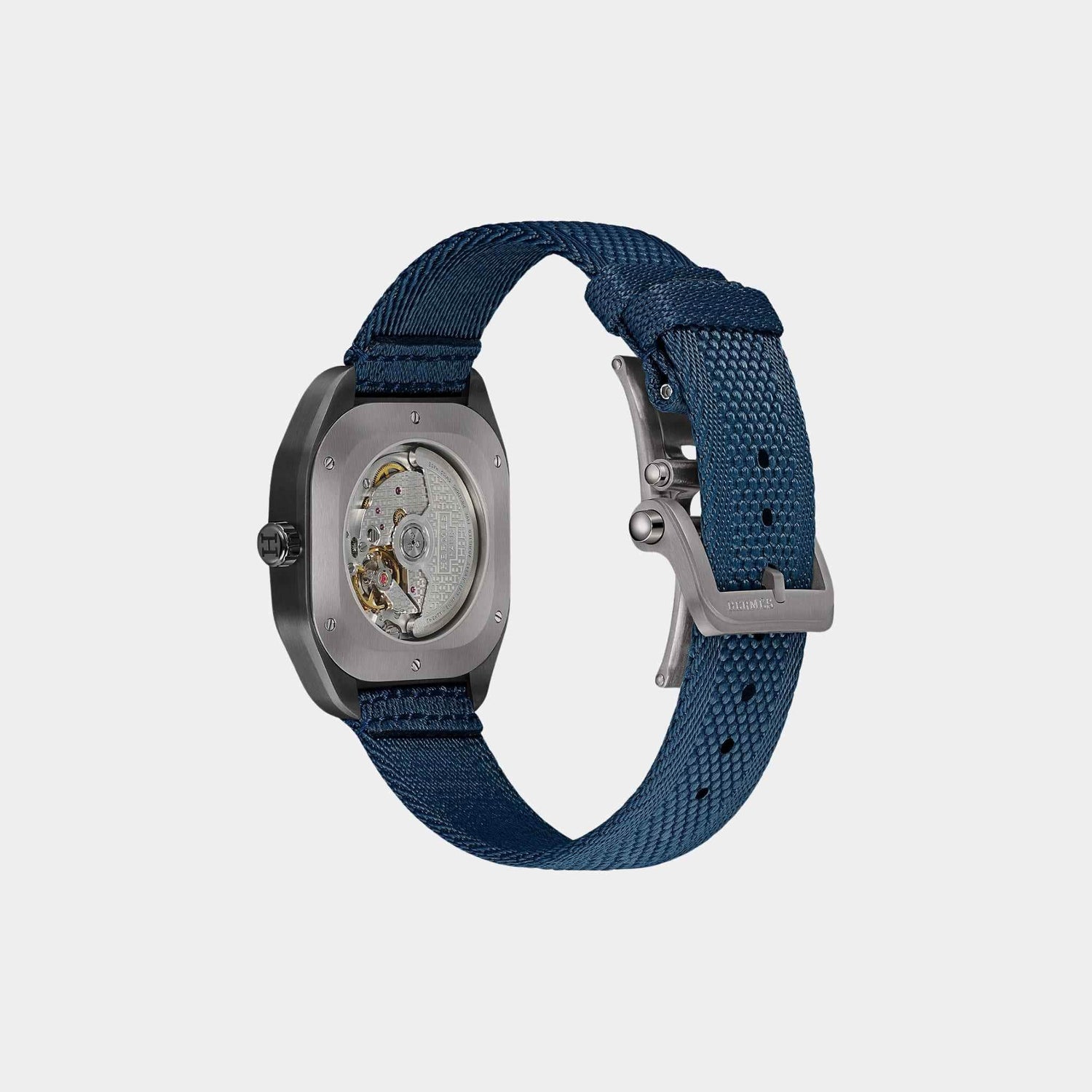 Hermes H08 42mm Titanium Watch with Navy Blue Webbing Strap, Back