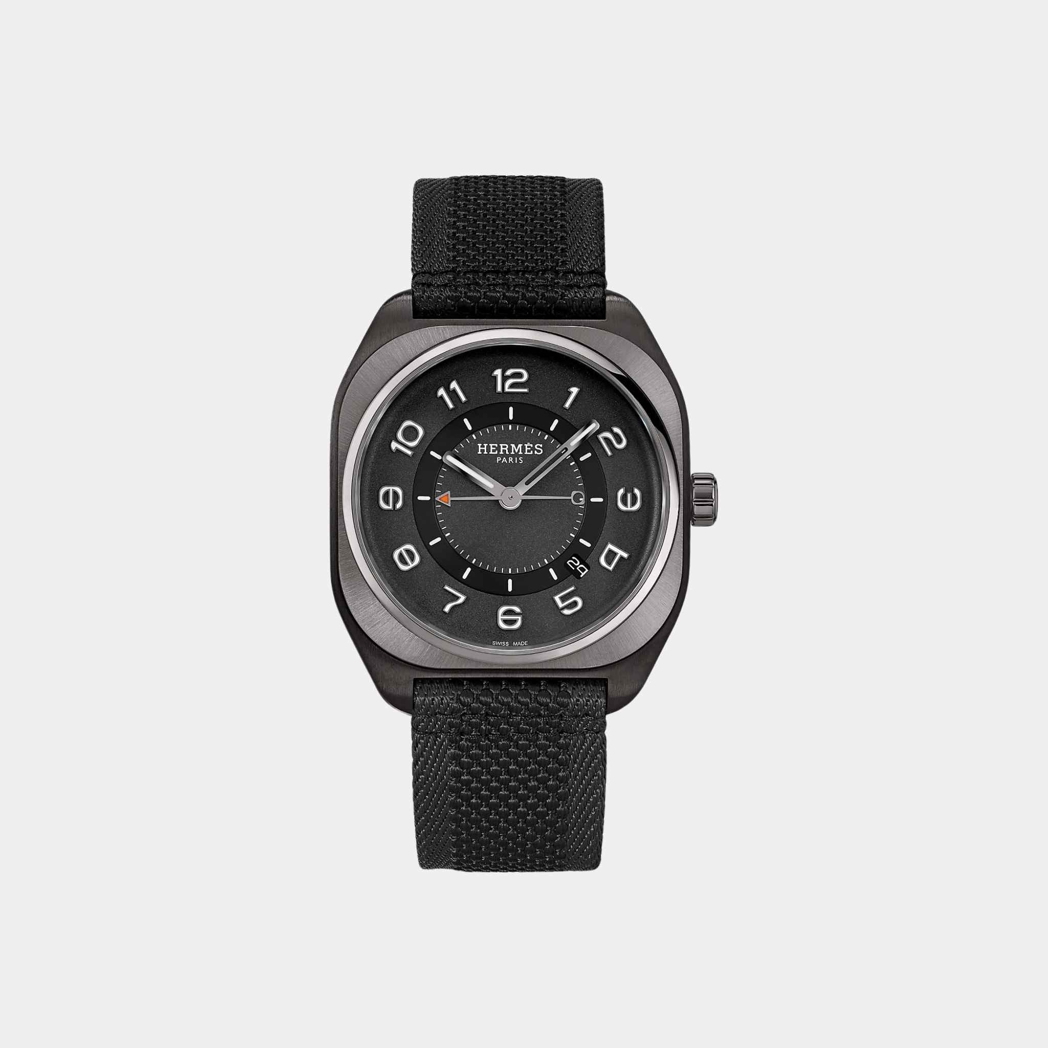 Hermes H08 Matte Black Satin-Finish Titanium Watch With Webbing Strap, Front