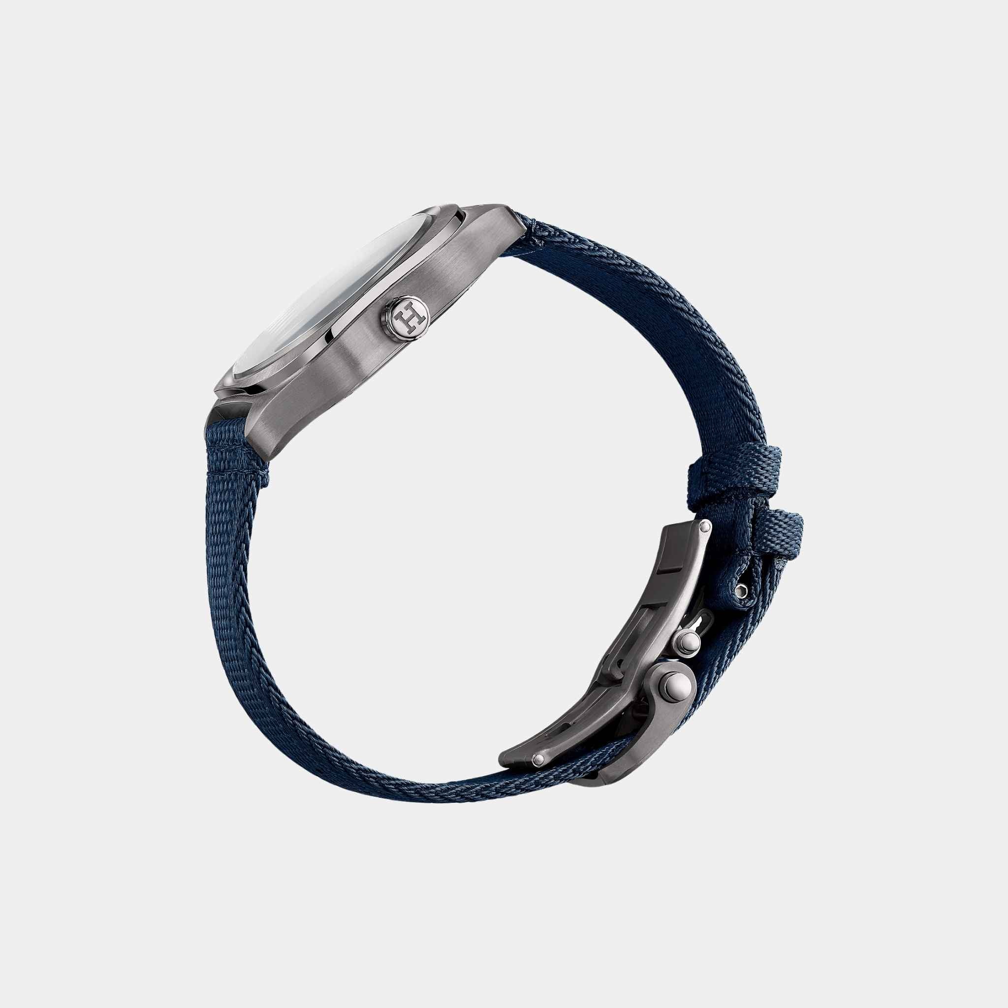 Hermes H08 Titanium Watch With Blue Webbing Strap, Side