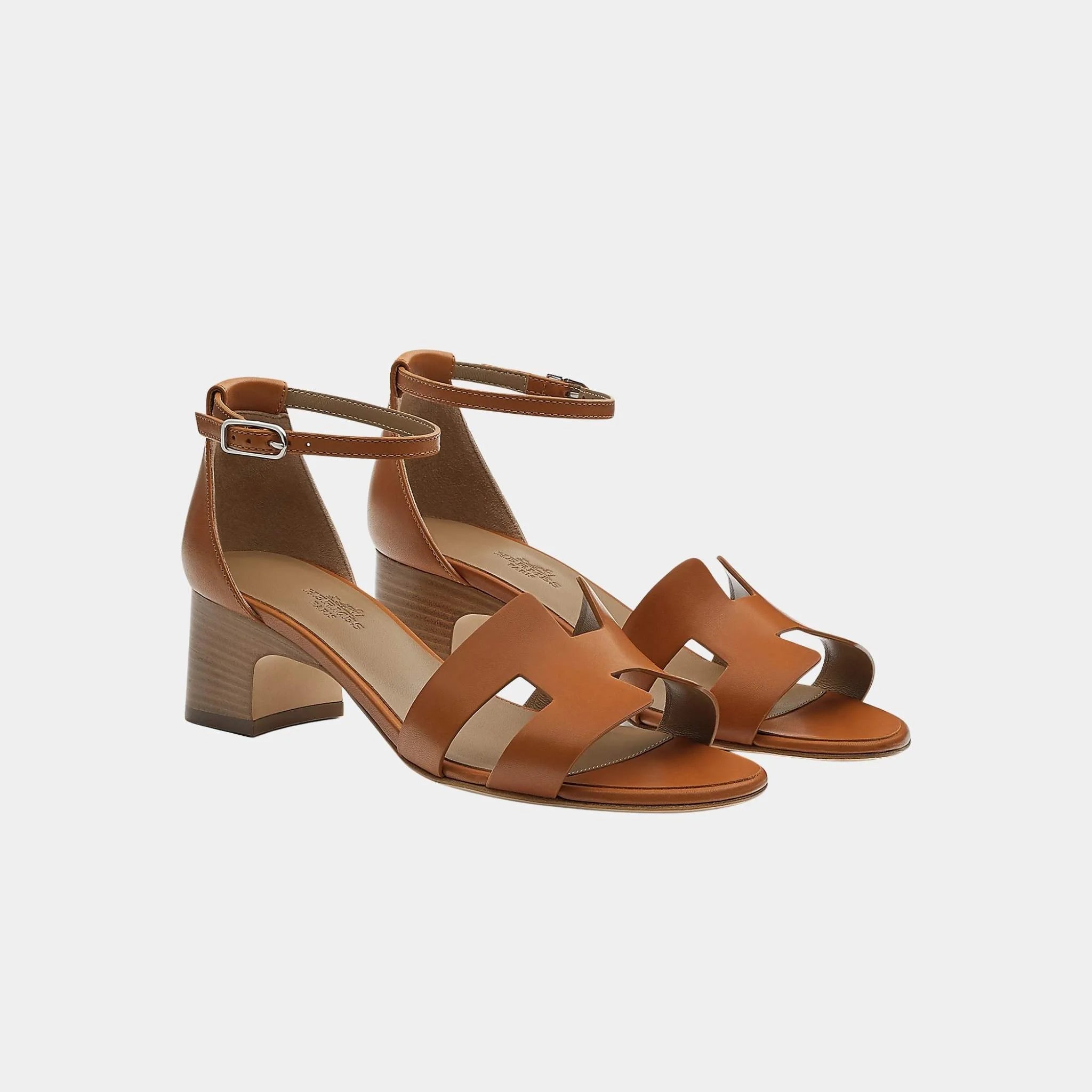 Hermes Incense 50 Heeled Sandals in Calfskin, Naturel, Front
