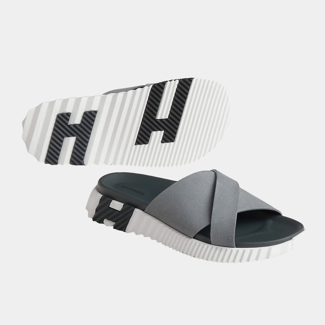 Hermes Infra Sandals in Suede Goatskin, Gris Orage, Front