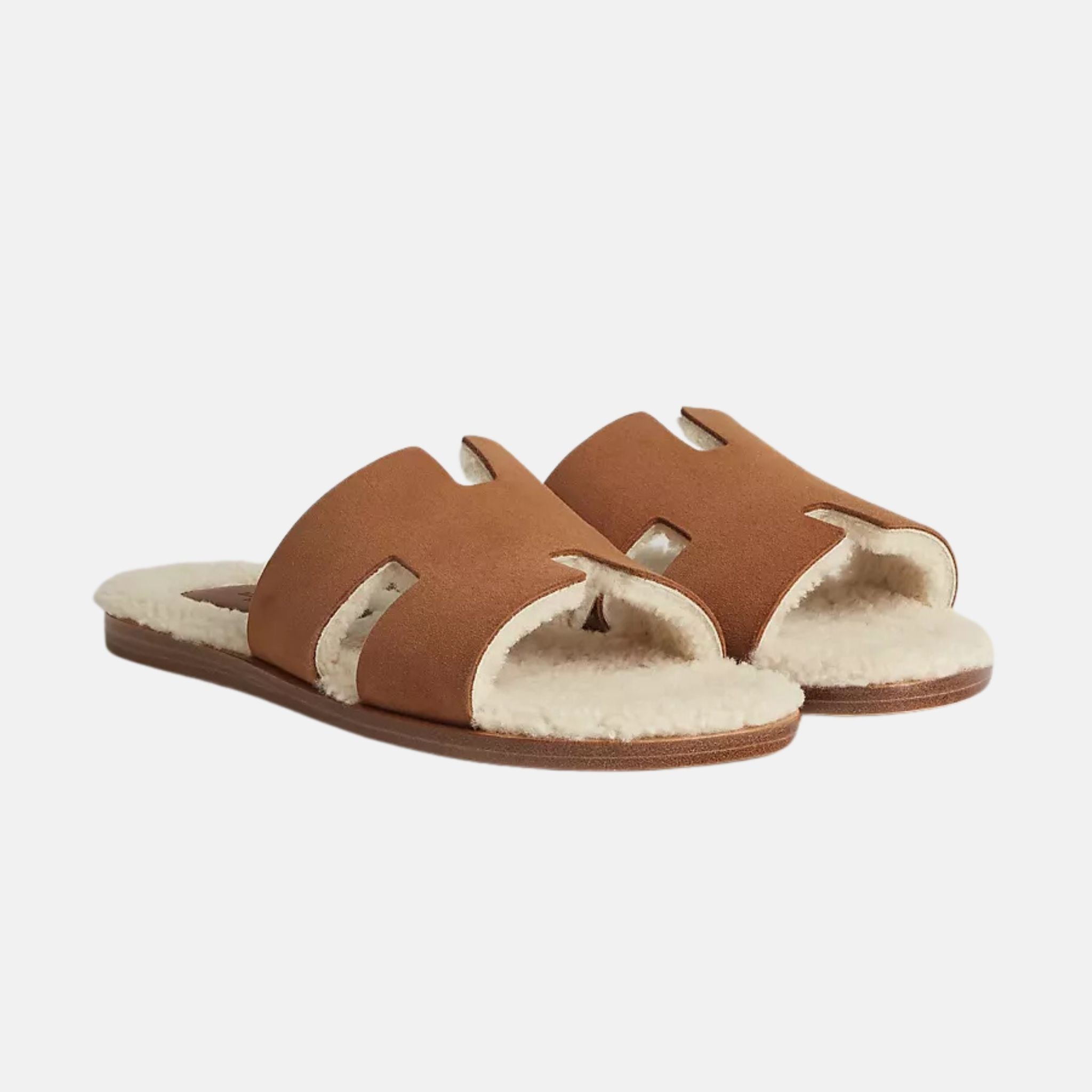 Hermes Izmir Sandal In Suede Goatskin And Woolskin, Marron Teck Ecru, Front