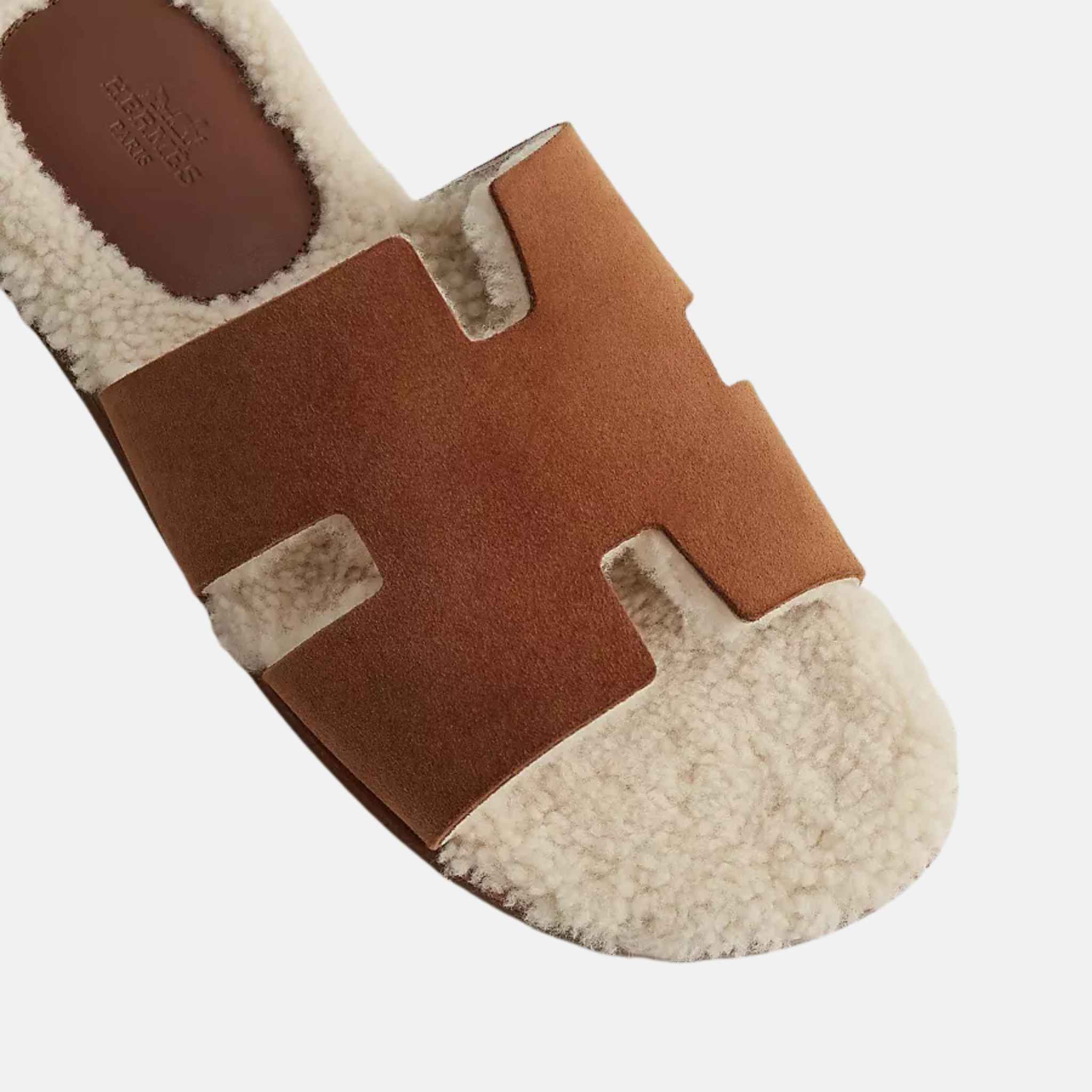 Hermes Izmir Sandal In Suede Goatskin And Woolskin, Marron Teck Ecru, Top