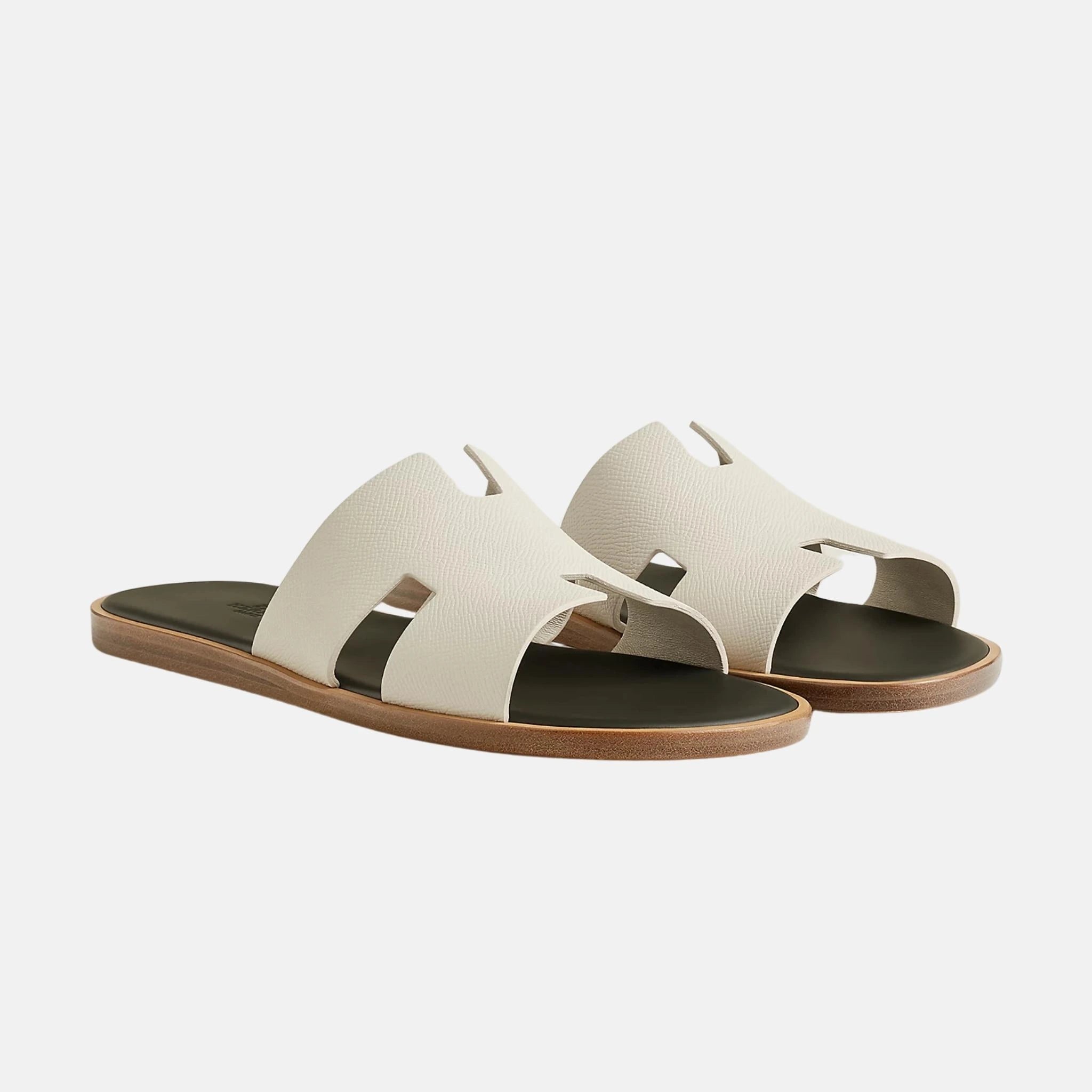 Hermes Izmir Sandal Epsom Calfskin Men, Beige Glaise, Vert Foret, Front