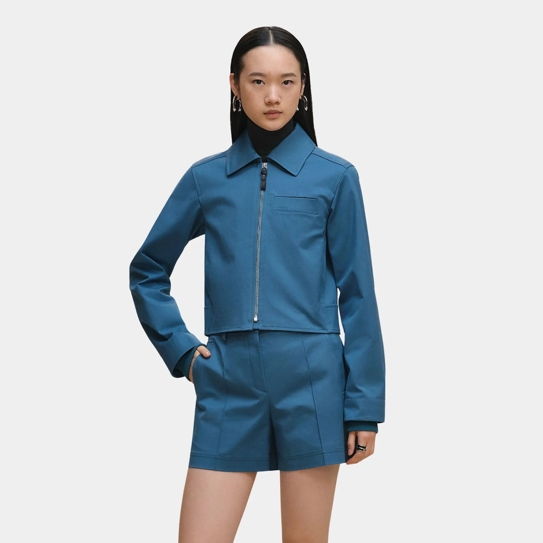 Hermes Jacket in Double Stretch Cotton Twill, Bleu Mer, Front