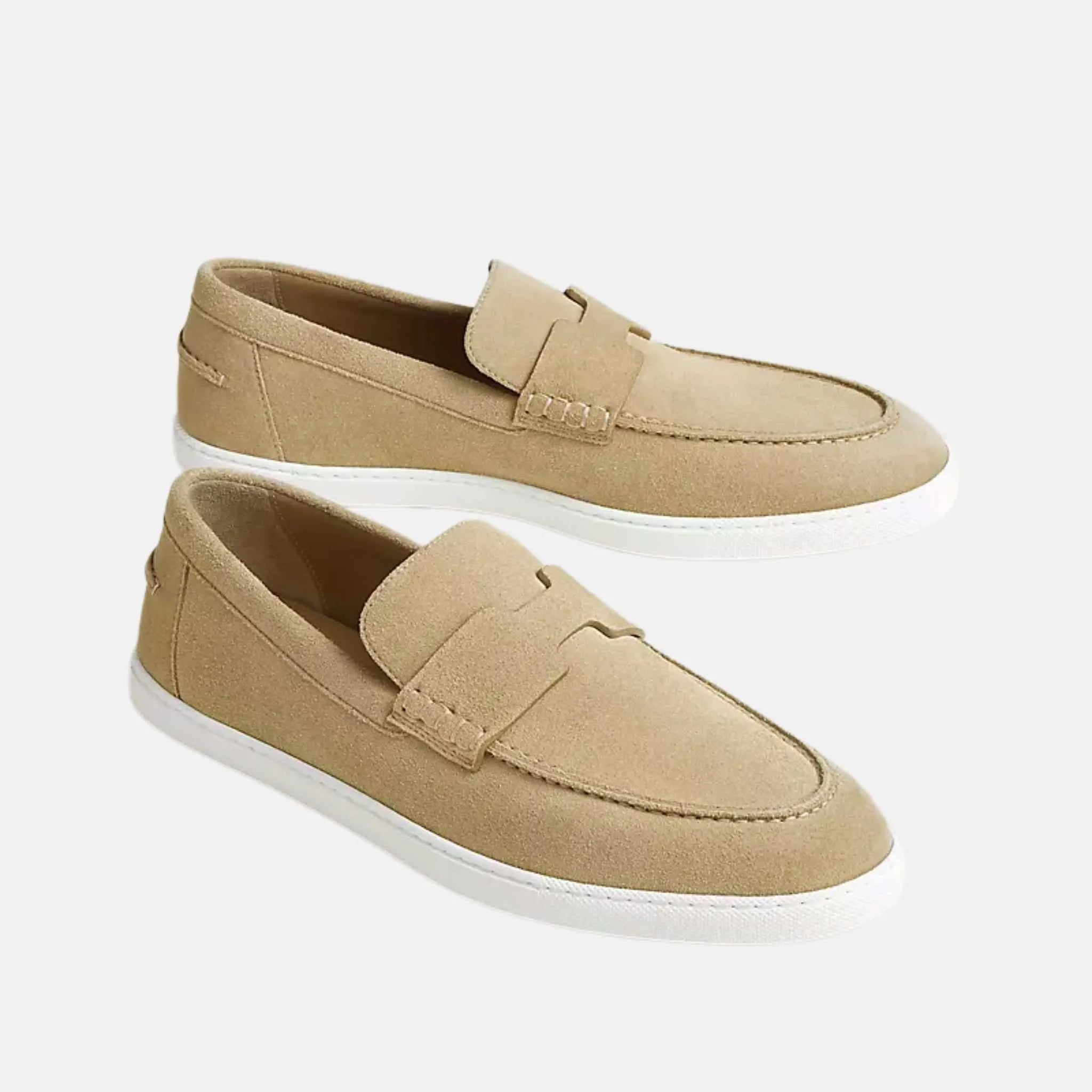 Hermes Job Loafer Suede Calfskin, Beige Albatre, Side & Front